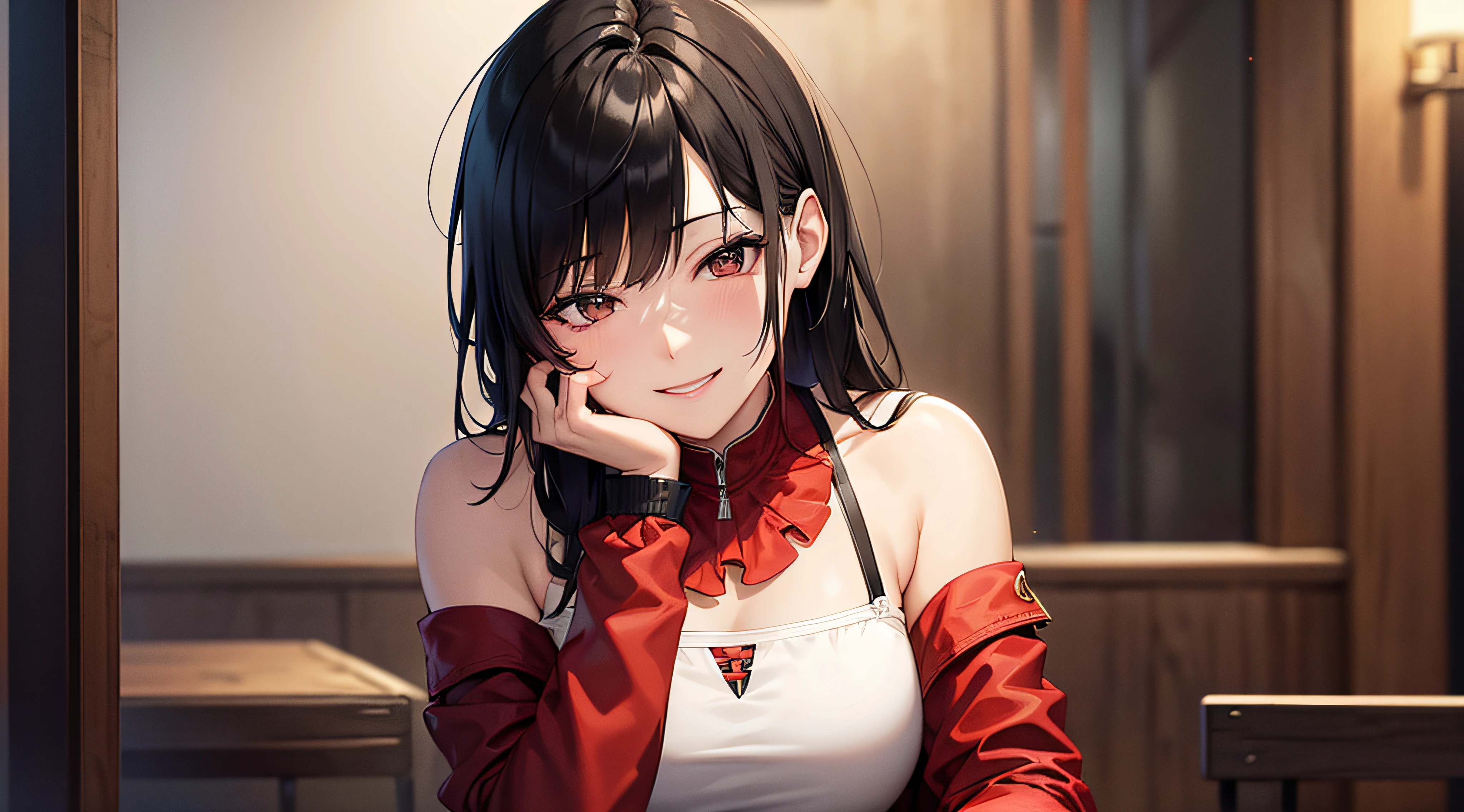 8k, masterpiece, extreme detail, expressive background, expressive clothing, 1female, shoulder length black hair, red jacket, gray eyes, smiling, half body, diner, amber lighting, restaurant interior bg