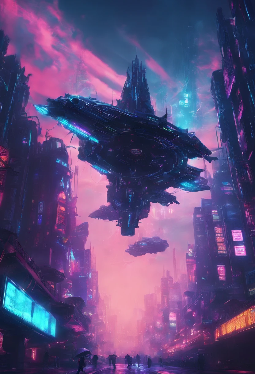 Flying battleship in the air,The cabin and bottom are inverted,With the sky and the city as the background,em estilo medieval,Balista