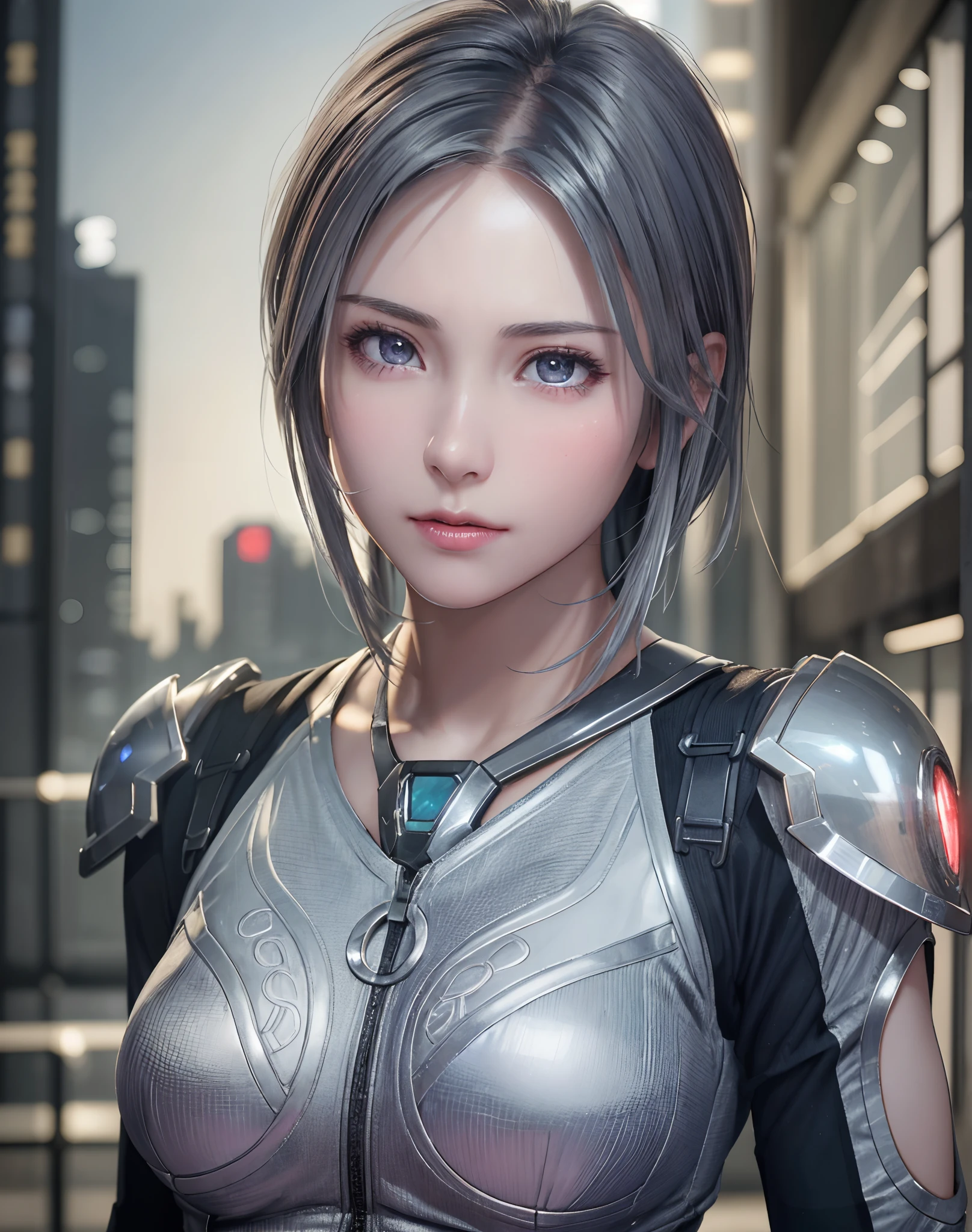 (8K, Photorealistic, Raw photo, of the highest quality: 1.3), (1girl in), Super beautiful, (Realistic face), (boyish, Silver Color Berry Shorthair), Beautiful cyberpunk suit, Glare that captivates the viewer, Beautiful expression, Beautiful breasts, (Realistic skin), Beautiful...