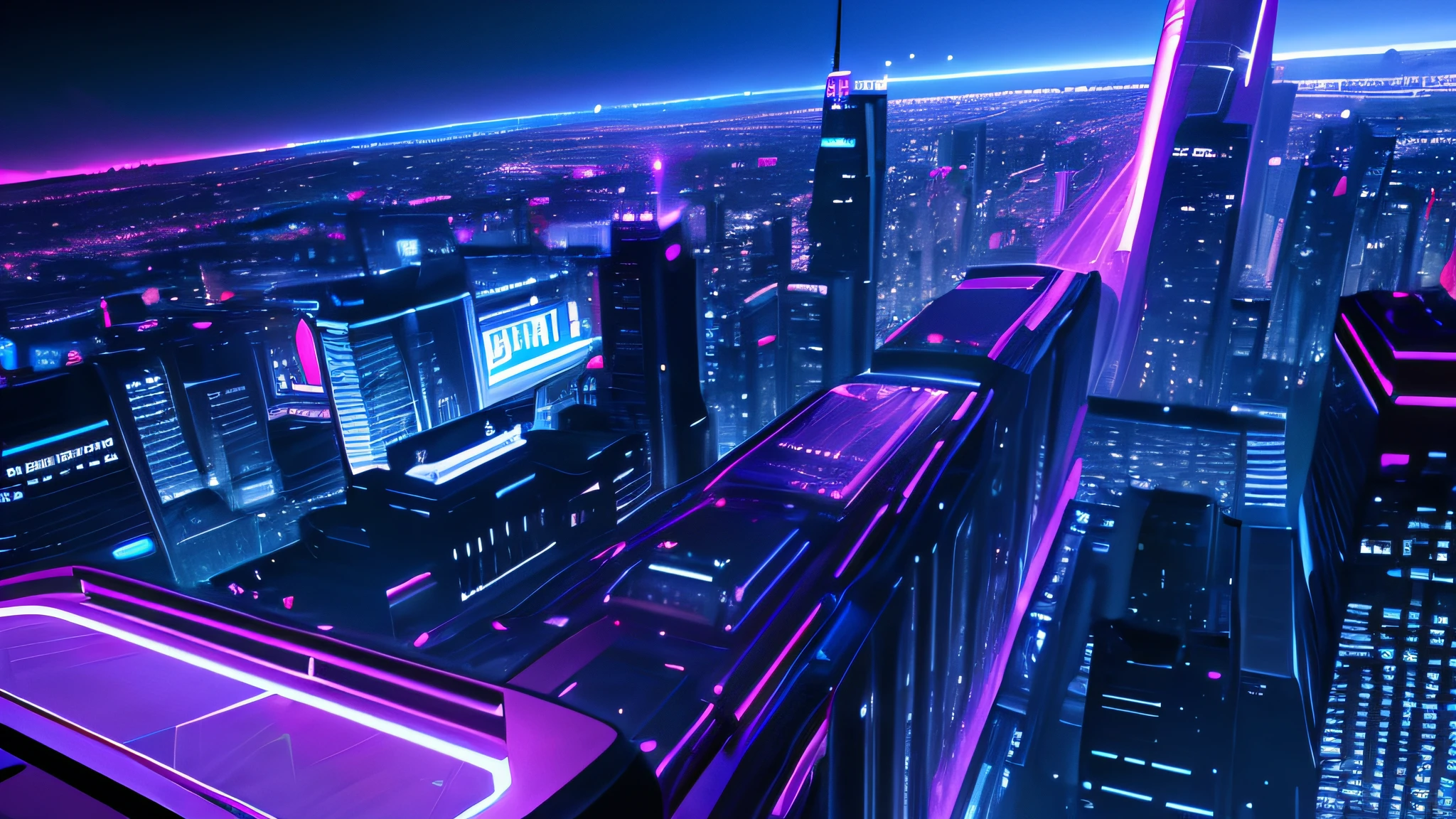 (masterpiece, top quality, best quality, official art, beautiful and aesthetic:1.2),(blue purple neon lighting), (vibrant glow), dynamic colors, striking contrast, futuristic vibe, electric energy,reflective surfaces,(cityscape:1.3),8k,official wallpaper, (cyberpunk:1.2) ,futrue
