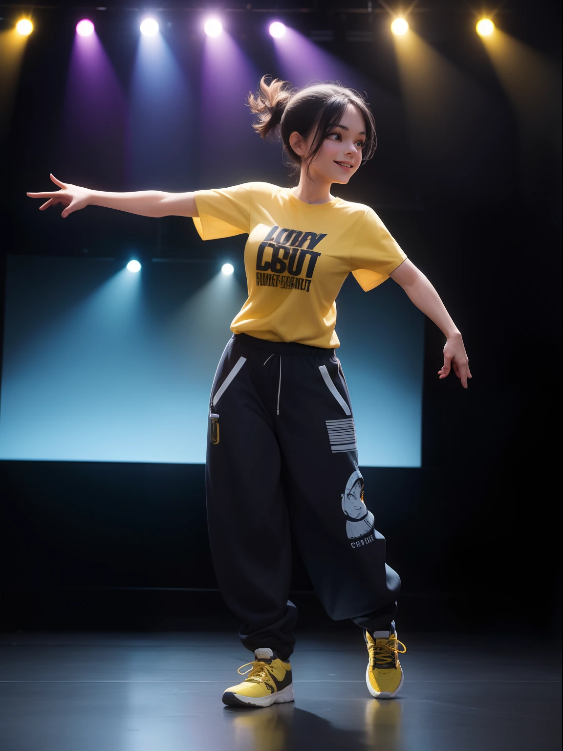 Woman dancing crouching , ((Full body)), Blue eyes, Smiling face, Hair loss swaying in the wind,, dancing street dance on the stage, Dressed in hip-hop style, Wearing hip-hop shirt and loose pants. Black purple and yellow. Extremely high quality, high details, 8K, clean back ground, in studio, ((Full body shot)),Fingers are realistic,Accurate Hand Modeling, high angle, looking to the camera