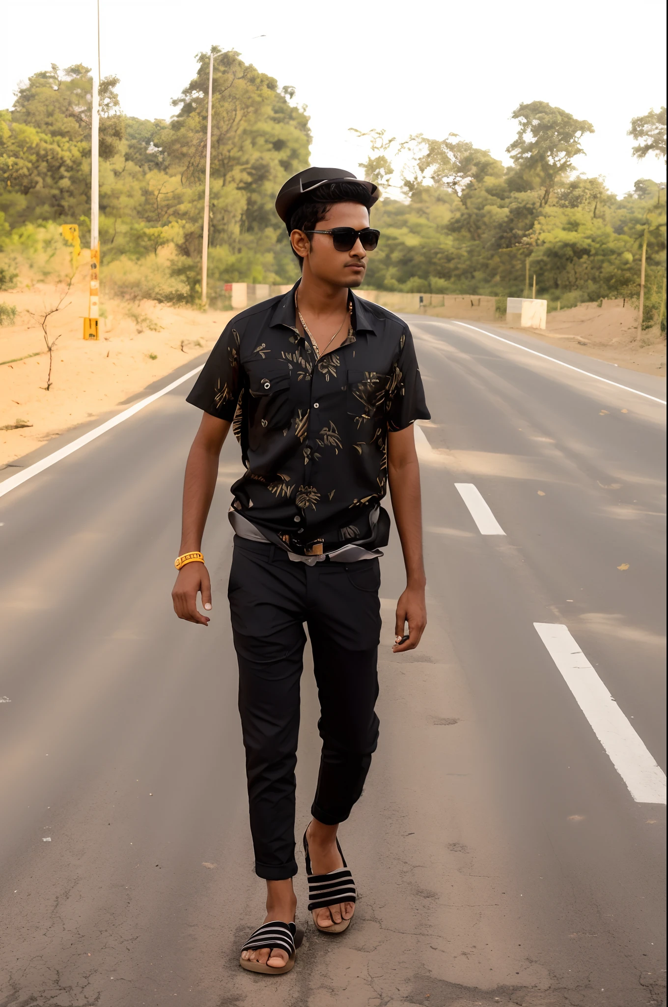 there is a man walking down the road wearing sunglasses and a hat, standing in road, jayison devadas style, jayison devadas, stylish pose, with a cool pose, by Odhise Paskali, with lovely look, candid picture, on a road, cool pose, full body picture, student, distant full body view