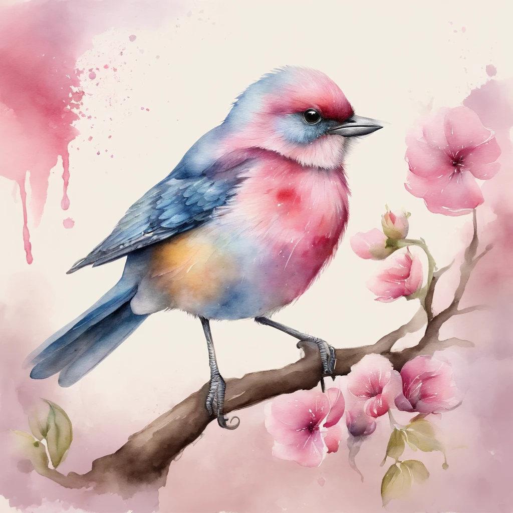 desenho em aquarela, bird pink, aquarela 4k, pastel colors, cute
