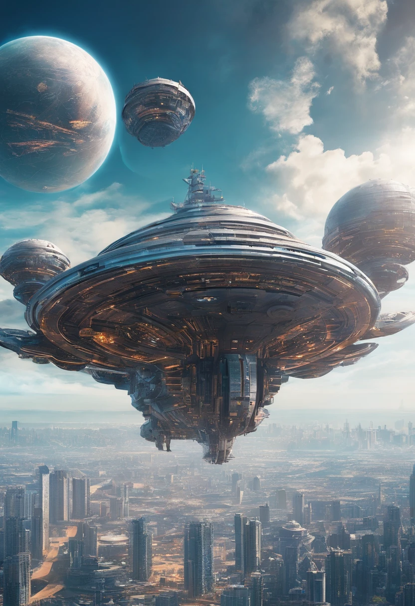 Flying battleship in the air，The cabin and bottom are inverted，With the sky and the city as the background，em estilo medieval，Balista
