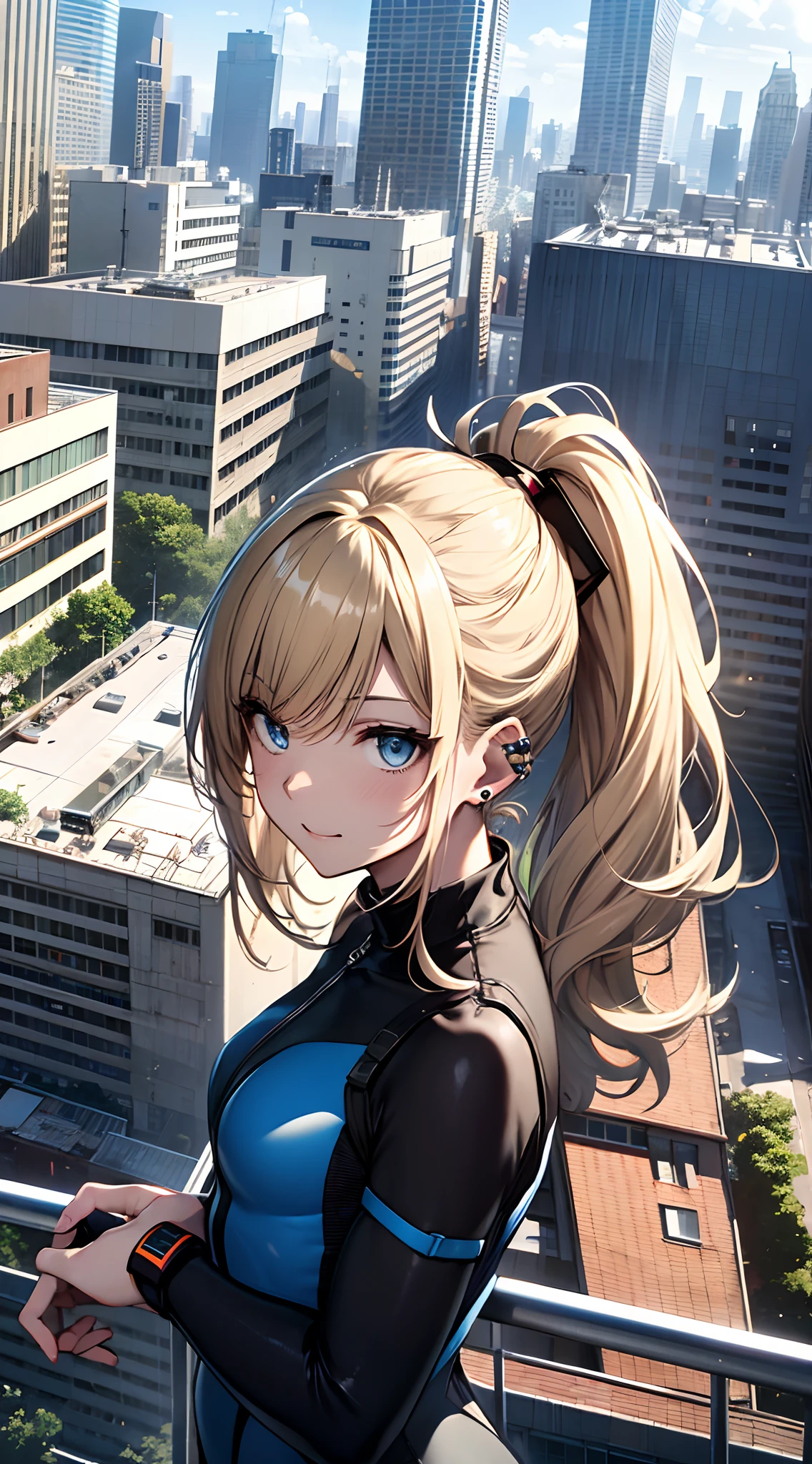 top-quality、Top image quality、​masterpiece、girl with((18year old、zero suit:1.6、Bust 90、a blond、disheveled ponytail、Blue eyes、open chest wide、Happiness、Black wristband on wrist、Ear-piercing))、((perspired:1.1))A slender、hiquality、visualart、Background with((On the roof of a building))、masutepiece
