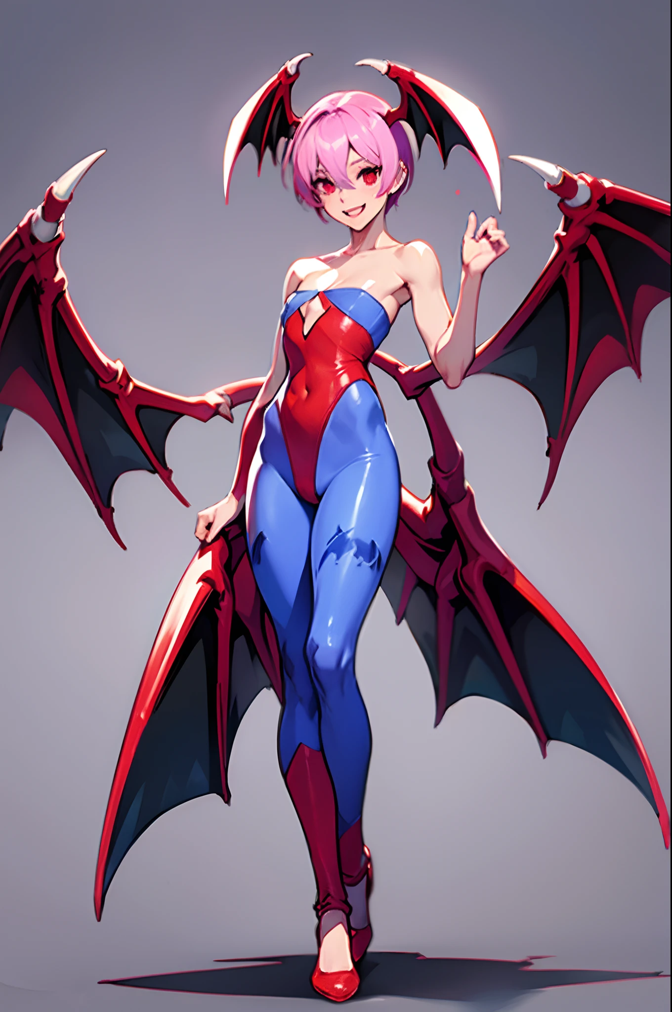 lilith aensland darkstalkers, standing, levitating, wings, pink hair, smiling, demon, leotard,, head wings, flatchest, full body, pantyhose, hornless,feet