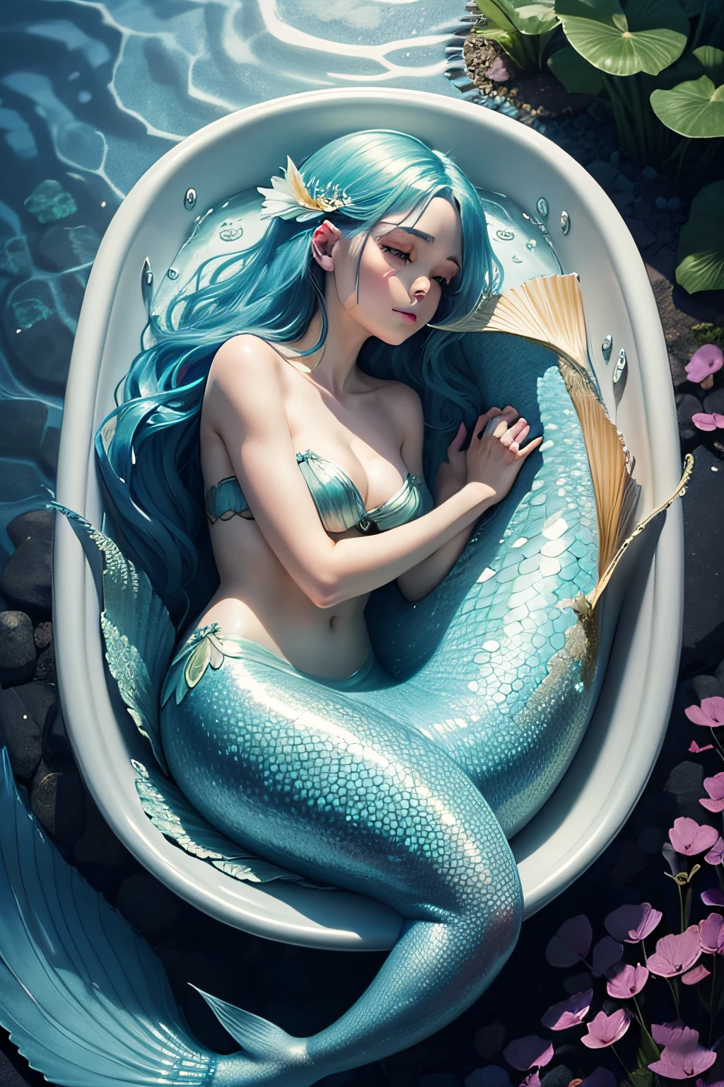 Generate an image that captures the perfection of a mermaid's sadness, his facial expression showing deep melancholy, as she rests in a clear plastic tub. Certifique-se de que cada elemento, From the scales to the tears, seja incrivelmente realista.