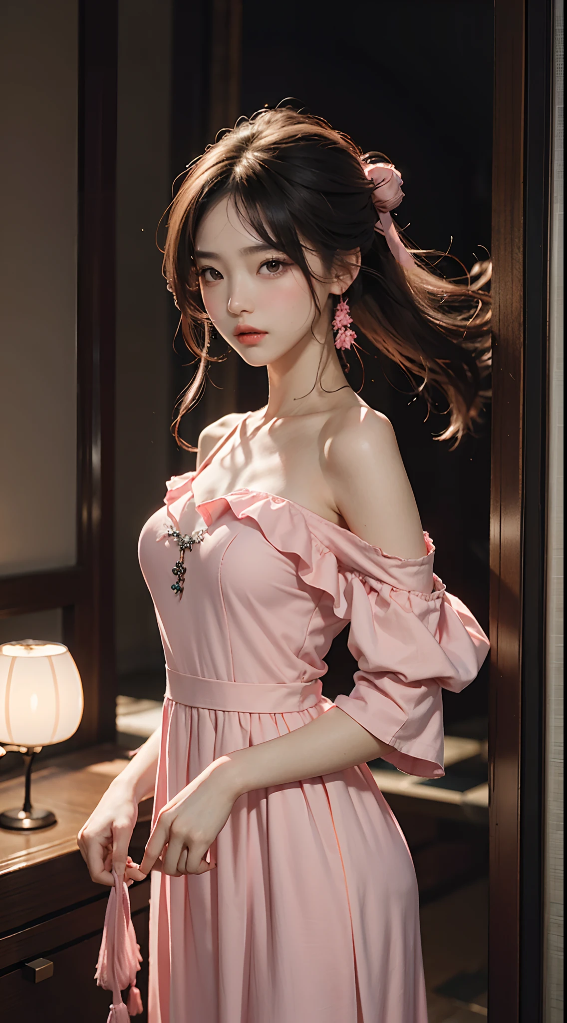 best qualtiy，tmasterpiece，超高分辨率，（fidelity：1.4），RAW photogr，1girl，Pink off-the-shoulder maxi dress，cinmatic lighting