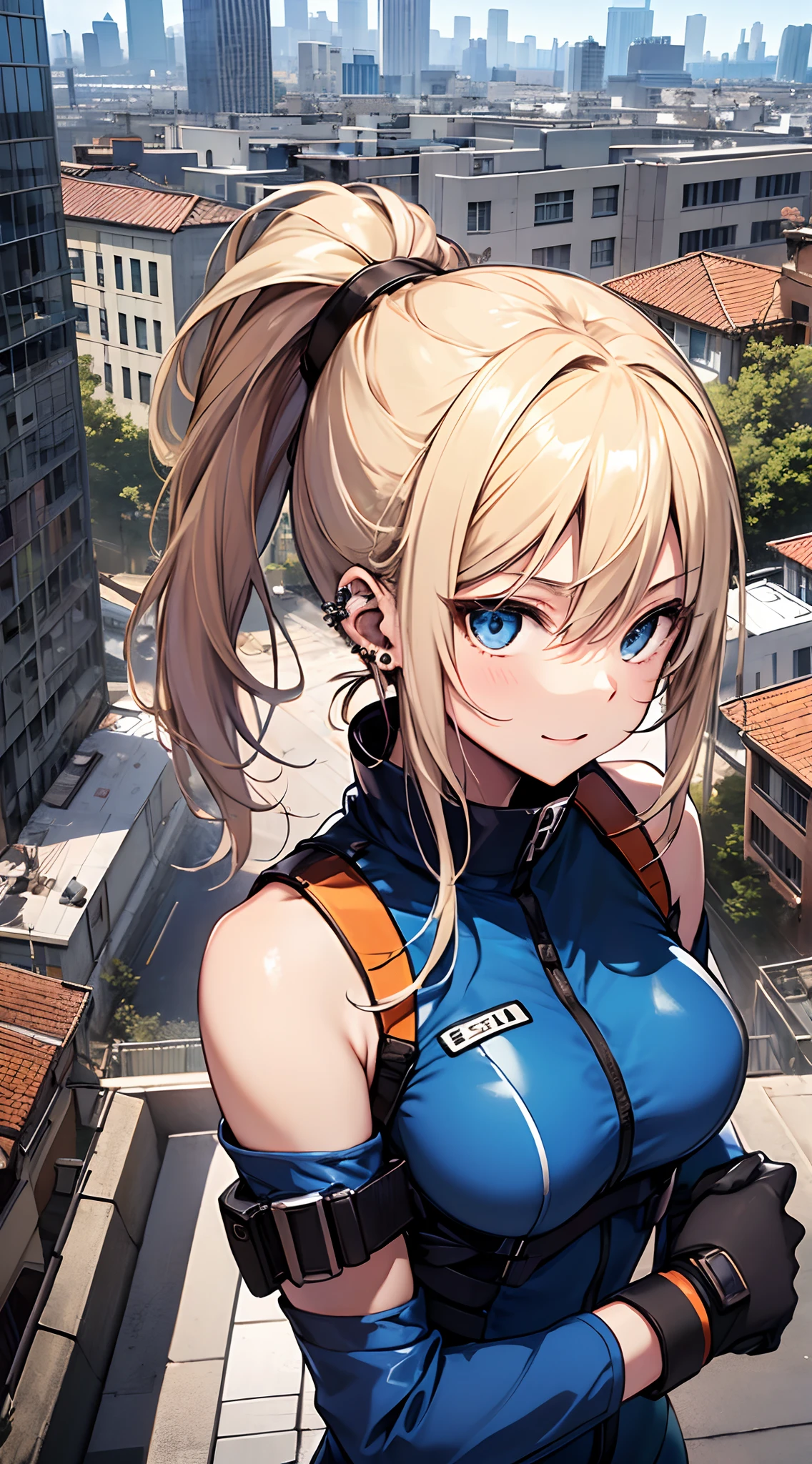 top-quality、Top image quality、​masterpiece、girl with((18year old、zero suit:1.6、Bust 90、a blond、disheveled ponytail、Blue eyes、open chest wide、Happiness、Black wristband on wrist、Ear-piercing))、((perspired:1.1))A slender、hiquality、visualart、Background with((On the roof of a building))、masutepiece