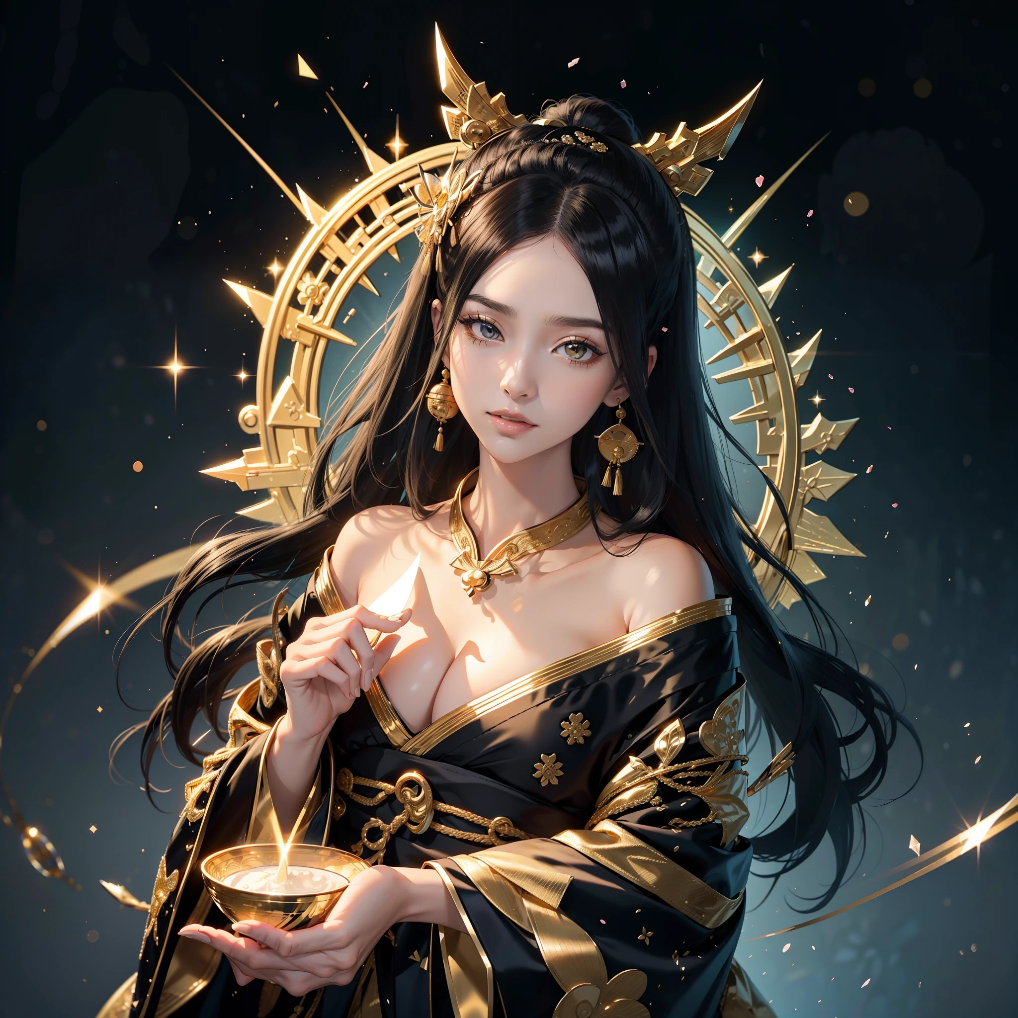 watching at viewers,in kyoto、starry background,Dense background、poneyTail、Woman with shiny black hair、{{{Luxury kimono(Black kimono(Detailed golden embroidery,))}}}、face perfect,Depict a beautiful and graceful woman of Japan。Heart in the eye。full body Esbian。 Wallpaper 8K, .Blur the background with a sickle,((masutepiece)), ((Best Quality))