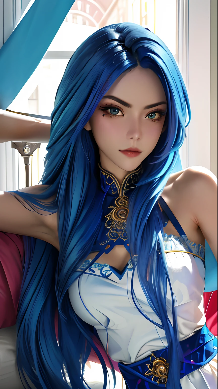 (Best quality, Masterpiece, Colorful, Dynamic Angle, highest details)(Jinx, Legendary Loeg, Arcane) Professional photo of upper body, Award-winning sexy fashion photography, Long rich blue hair, Jinx Legend Leg, Arcane, Flirting, Bokeh, (Intricate details, ultra - detailed:1.15), Detailed, sunlight passing through hair (offcial art, Colorful background, extreme detailed details, highest details),