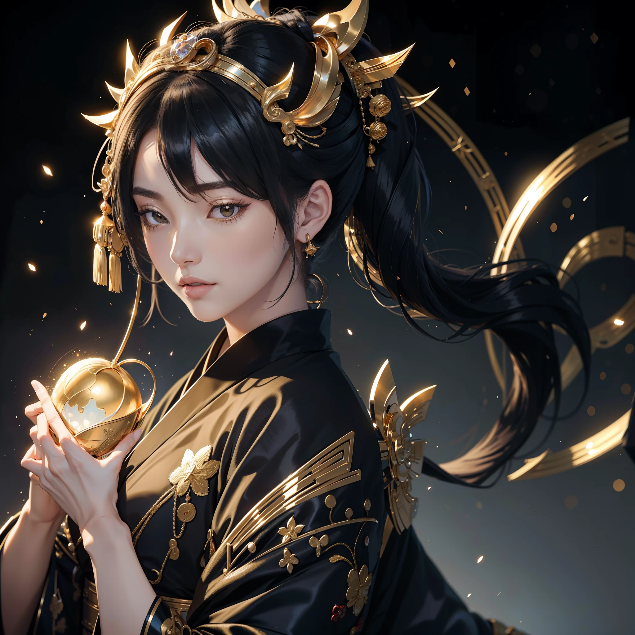 watching at viewers,in kyoto、starry background,Dense background、poneyTail、Woman with shiny black hair、{{{Luxury kimono(Black kimono(Detailed golden embroidery,))}}}、face perfect,Depict a beautiful and graceful woman of Japan。Heart in the eye。full body Esbian。 Wallpaper 8K, .Blur the background with a sickle,((masutepiece)), ((Best Quality))