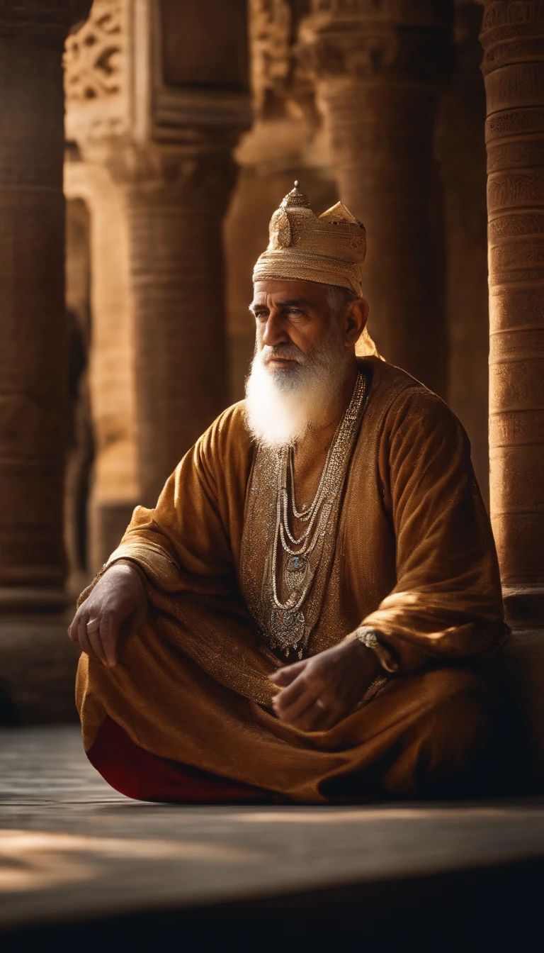 The wise sultan was immersed in deep meditation, his wise and attentive eyes reflecting the wisdom of the ages, Ultra foto realsisim