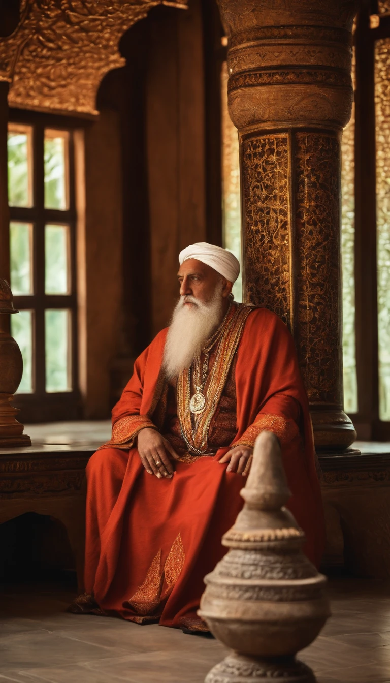 The wise sultan was immersed in deep meditation, his wise and attentive eyes reflecting the wisdom of the ages, Ultra foto realsisim