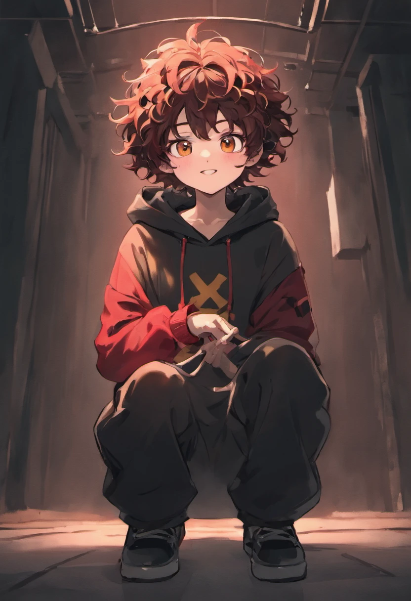 ((Boy)),((dark brown hair)), ((Curly hair)), ((Black Bucket Hut)), ((Smiley face in black bucket hat)), ((Black bucket hat with simple smiley face design)), ((race: hispanic)), ((Red hoodie)), ((There is nothing in the red hoodie)), ((Happy)), ((Pose: Breathe a sigh of peace in his hands)), ((Light red hoodie)), ((Blank pants)), ((Background: Red and black gradient))