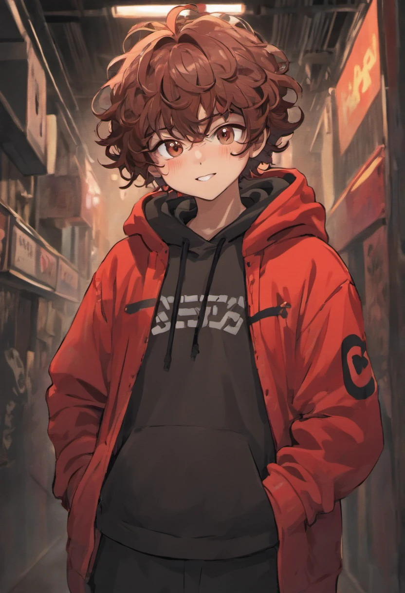 ((Boy)),((dark brown hair)), ((Curly hair)), ((Black Bucket Hut)), ((Smiley face in black bucket hat)), ((Black bucket hat with simple smiley face design)), ((race: hispanic)), ((Red hoodie)), ((There is nothing in the red hoodie)), ((Happy)), ((Pose: Breathe a sigh of peace in his hands)), ((Light red hoodie)), ((Blank pants)), ((Background: Red and black gradient))