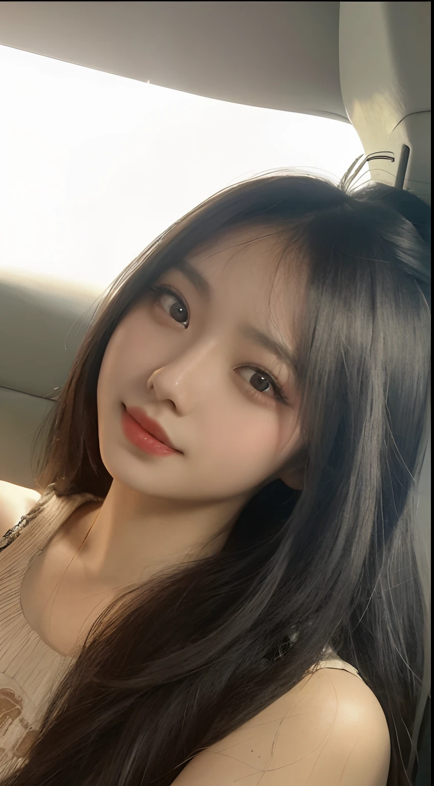 arafed woman with long hair sitting in a car, 18 years old, dilraba dilmurat, 19-year-old girl, anime thai girl, 2 , 21 years old, girl cute-fine-face, 1 6 years oldindy avelino, 2 3 years old, 2 7 yearspicture qualityce, ultra high resolution, 8k, cleavage, big boobs, bust detail, hair detail, eye detail, sharp eyes, thin smile, professional lighting