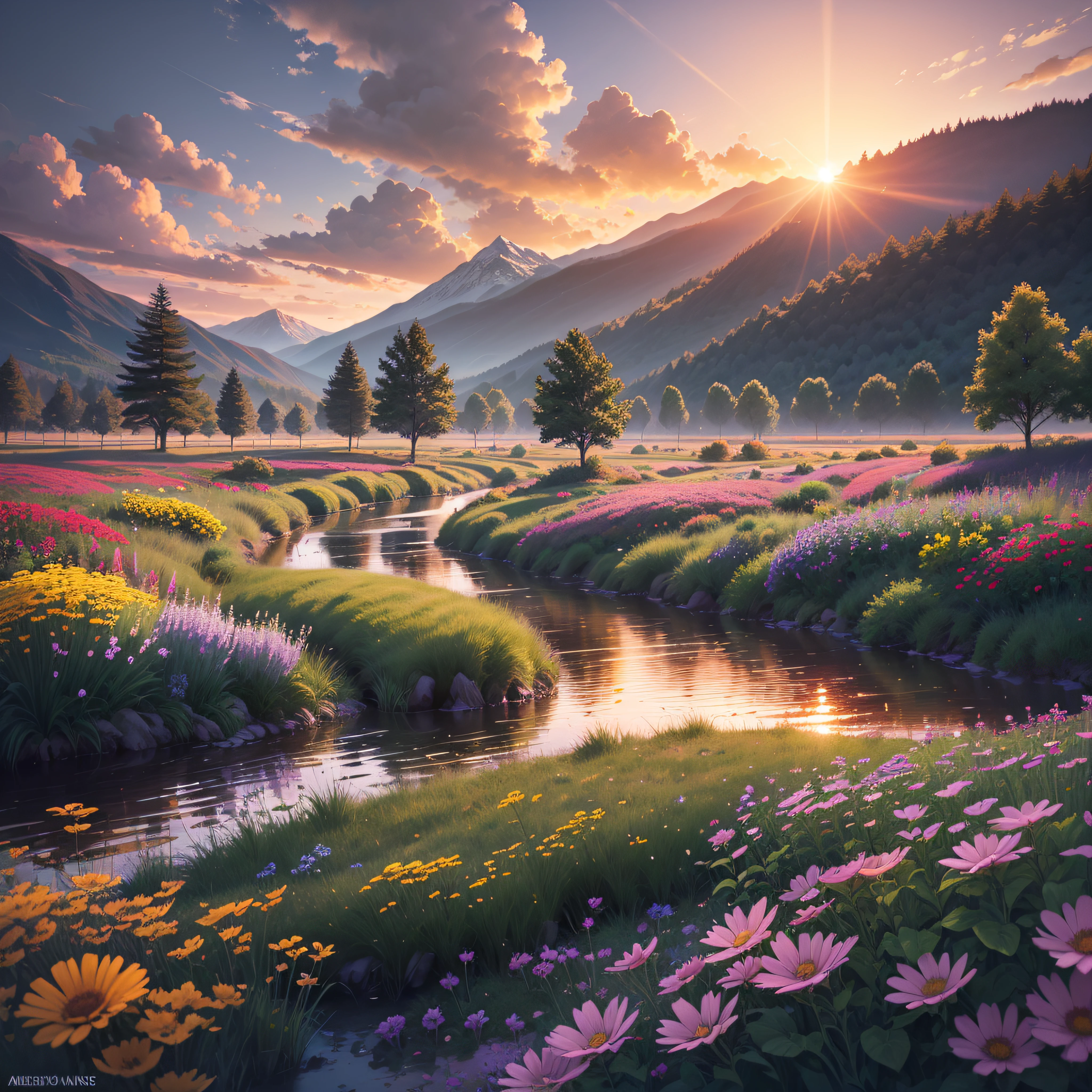 place of wonders trees, grasses, a pasture with hills and a river between them, beautiful water, artistic sky, art concept, art, realistic, paradise, sunset, sunset reflecting on river, mountains, fantasy, fiction, cinematic lighting, place full of lives and flowers, 8k