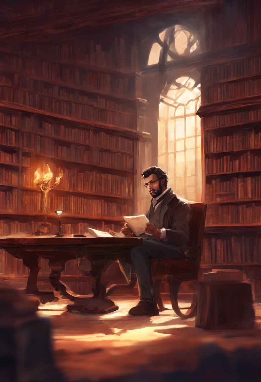 Warm seated man presenting a story in a library