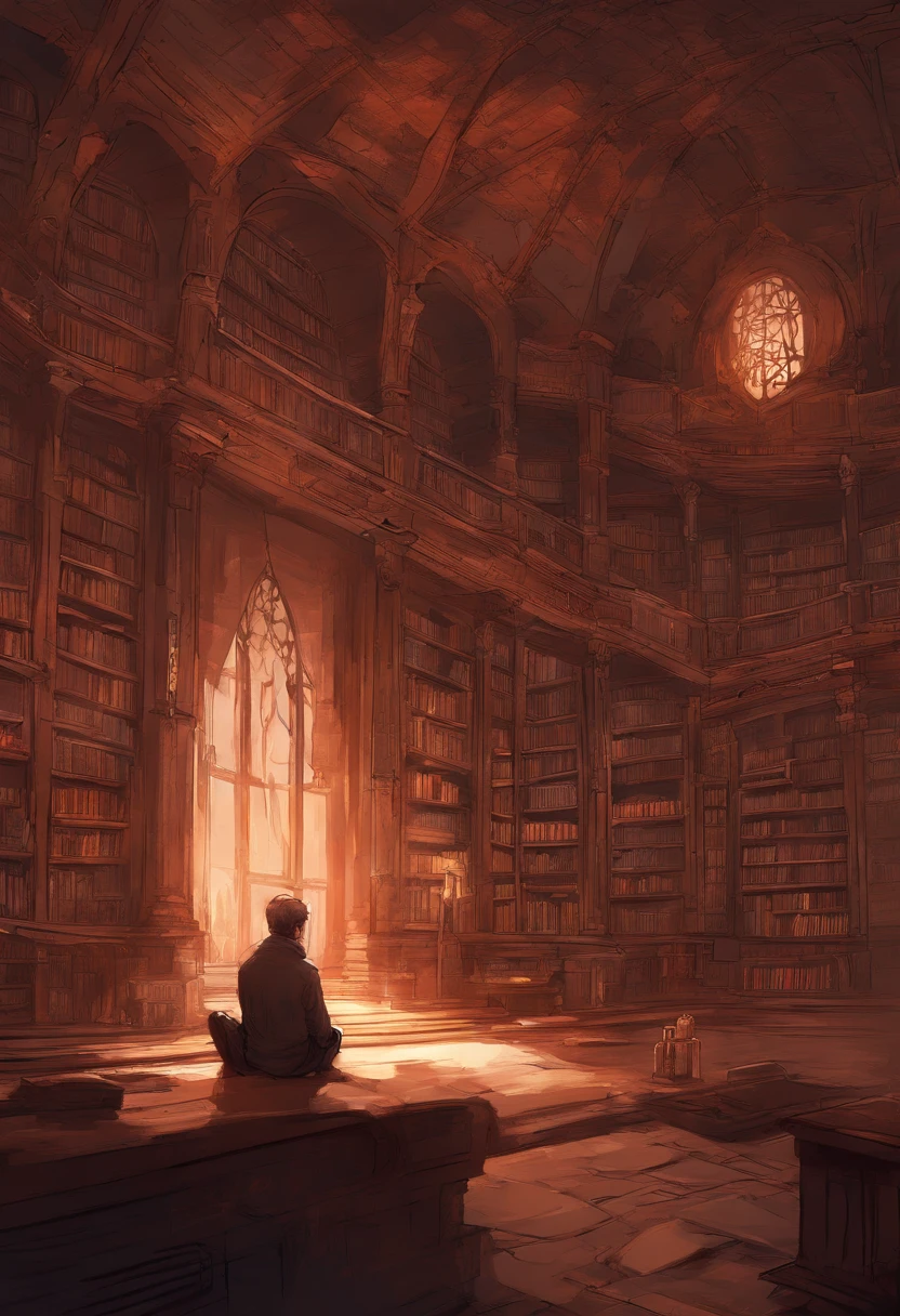 Warm seated man presenting a story in a library