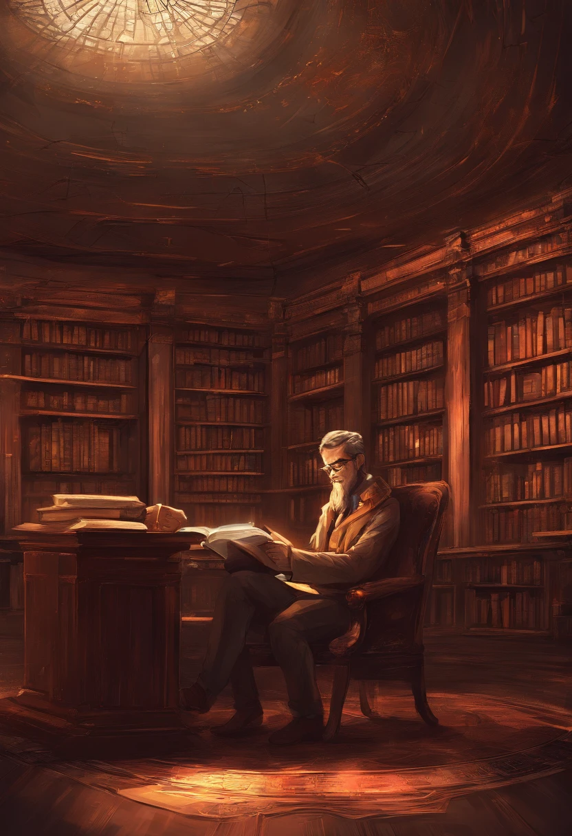 Warm seated man presenting a story in a library