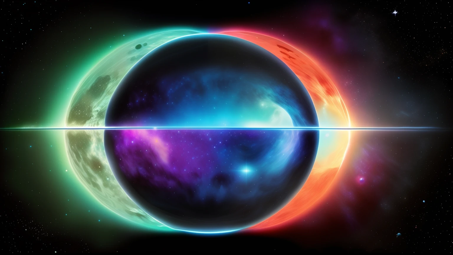 um close up de um planeta com um sol brilhante e uma estrela ao fundo, cosmic and colorful, universo colorido neon escuro, cosmic colors, cosmic color scheme, Cosmic Colorido Last Moongate, space colors, Dois planetas colidindo, planetas colidindo, colorful galaxy theme colors, Cool and soft colors of the space, Multiverso, space color scheme, eclipse exuberante e colorido