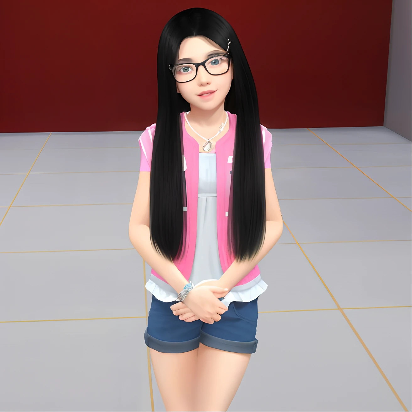 Girl with glasses and a pink vest standing in a room, inspirado em Sim Sa-jeong, adolescente hiperrealista, cabelo preto longo detalhado, inspirado por Kim Jeong-hui, inspirado em Ma Yuanyu, her black hair is a long curly, Pose casual, inspirado em Mei Qing, com cabelo preto liso, inspirado em Yukimasa Ida