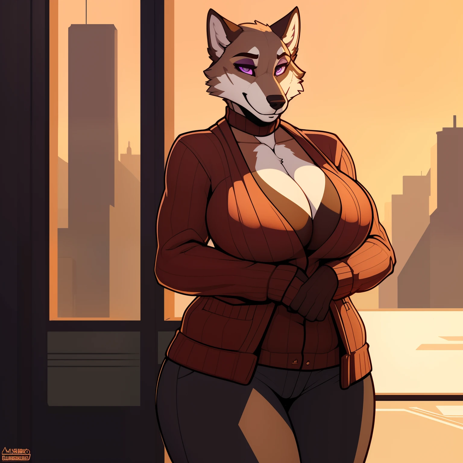 Athletic_Mature_timberwolf female brown_furry_body purple_eyes milf very_fluffy large_breasts cardigan sweater pants solo Masterpiece best_quality absurdres highly_detailed cleanly_drawn_eyes anthro_only embarrassed_smile by_claweddrip, by_greasymojo, by_underscore-b, by_runawaystride