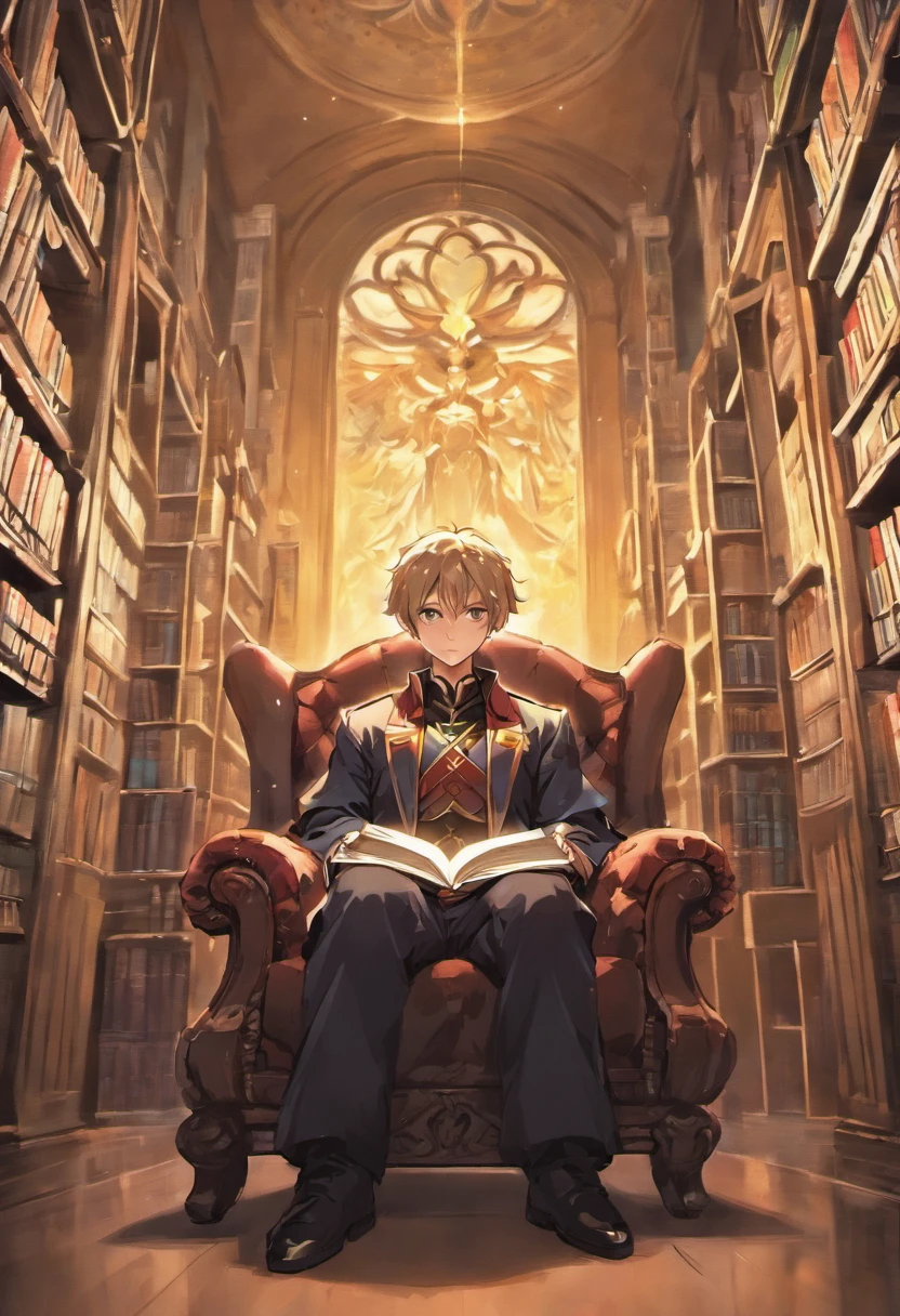Warm seated man presenting a story in a library, l'homme nous regarde droit dans les yeux