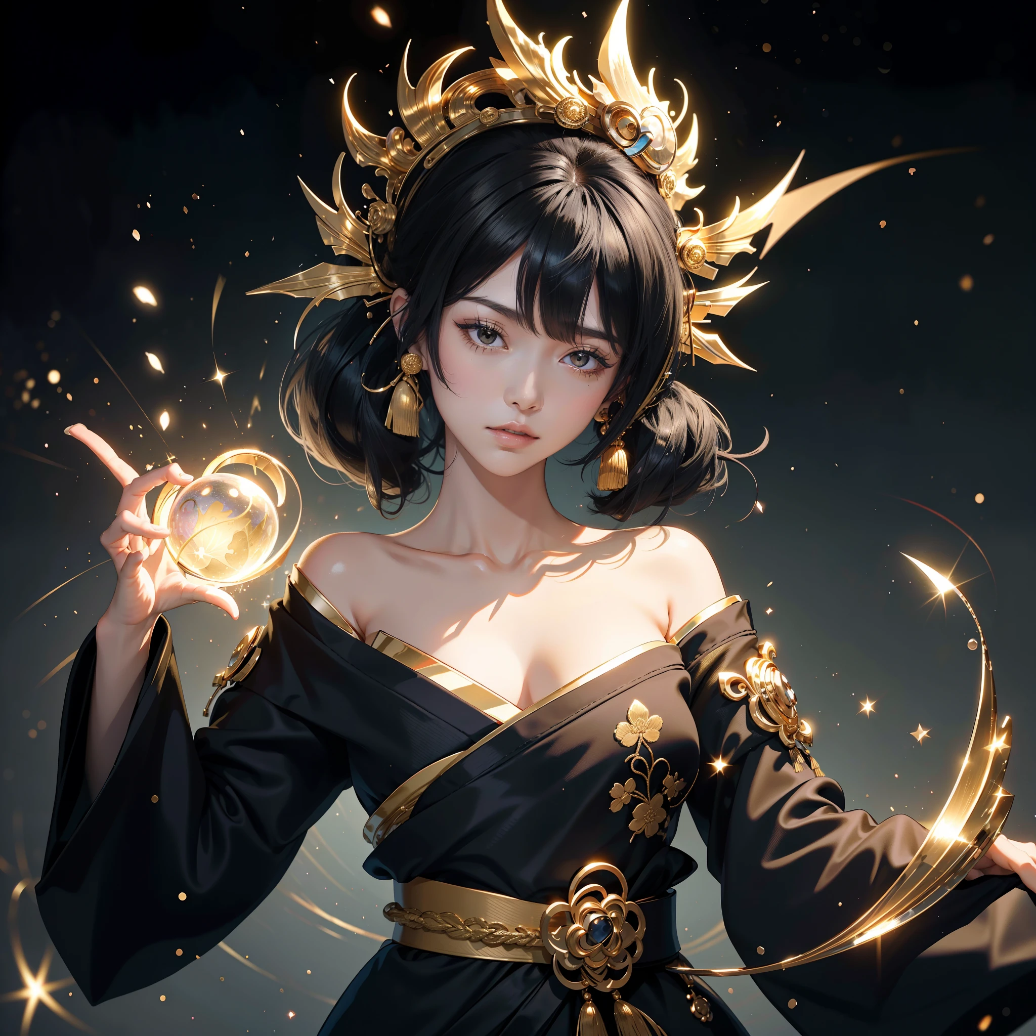 watching at viewers,(In Kyoto、starryskybackground,dense background)、poneyTail、Woman with shiny black hair、{Luxury kimono(Black kimono(Detailed golden embroidery,))}、face perfect,Depict a beautiful and graceful woman of Japan。Heart in the eye。full body Esbian。 Wallpaper 8K, .Blur the background with a sickle,((masutepiece)), ((Best Quality))