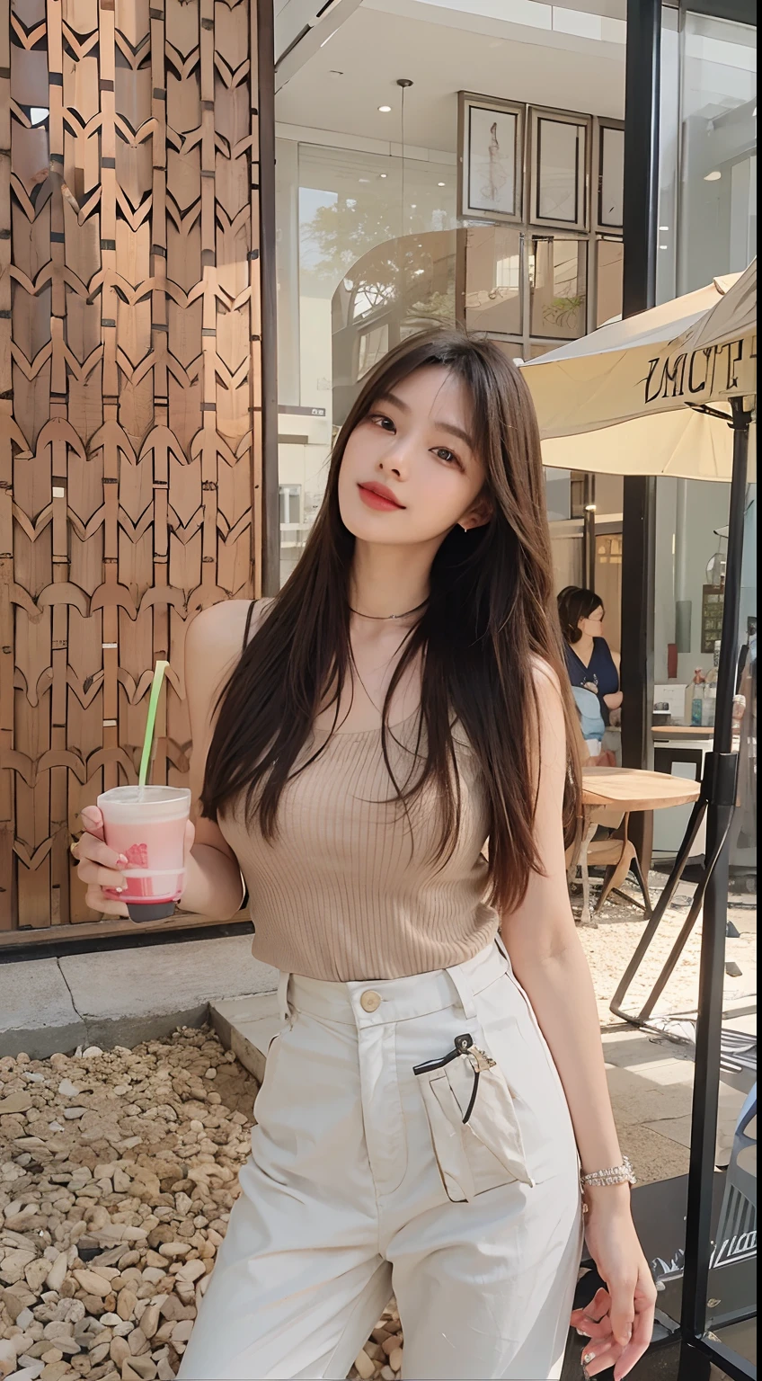 araffe woman in a tan top and white pants holding a drink, gorgeous young korean woman, korean women's fashion model, beautiful south korean woman, korean girl, beautiful young korean woman, heonhwa choe, korean woman, ulzzang, asian girl with long hair, tzuyu from twice, brown long hair with bangs, brown colored long hair, Best picture quality, masterpiece, ultra high resolution, 8k, cleavage, big boobs, bust detail, hair detail, eye detail, sharp eyes, thin smile, professional lighting