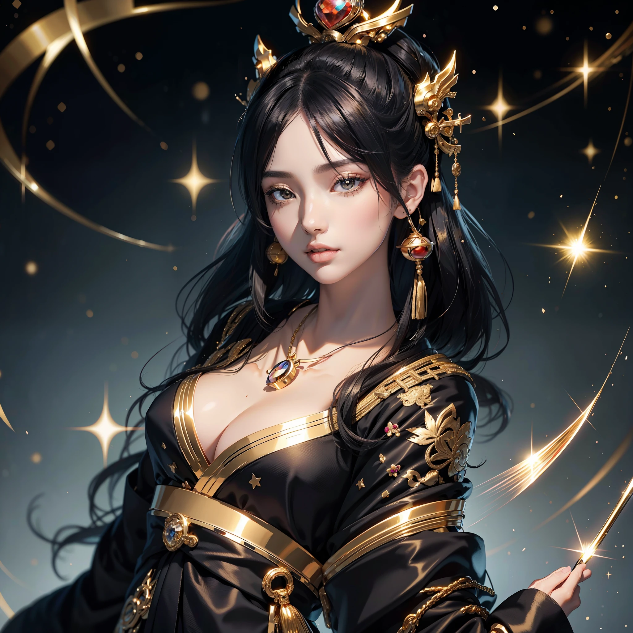 watching at viewers,(In Kyoto、starryskybackground,dense background)、poneyTail、Woman with shiny black hair、{Luxury kimono(Black kimono(Detailed golden embroidery,))}、face perfect,Depict a beautiful and graceful woman of Japan。Heart in the eye。full body Esbian。 Wallpaper 8K, .Blur the background with a sickle,((masutepiece)), ((Best Quality))