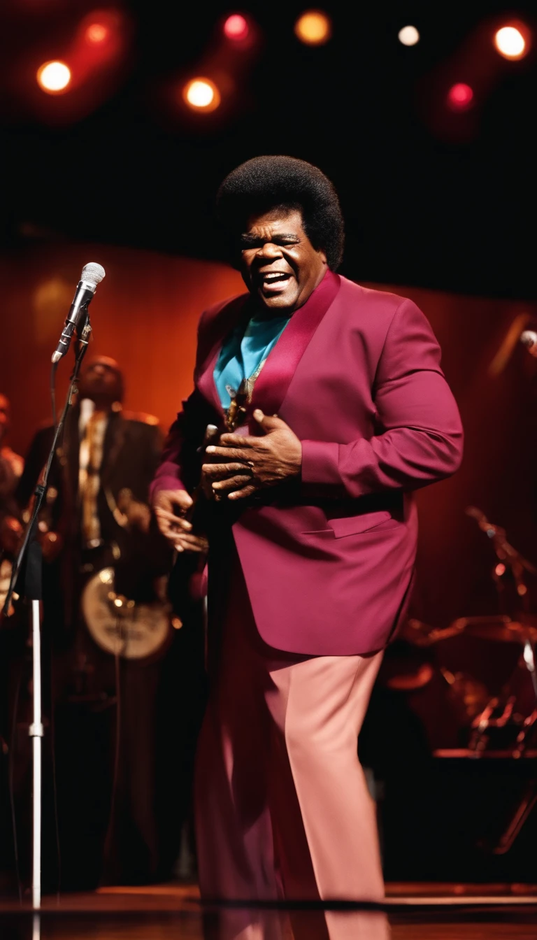 Cantor James Brown, norte americano olhando sorridente, Ultra foto real