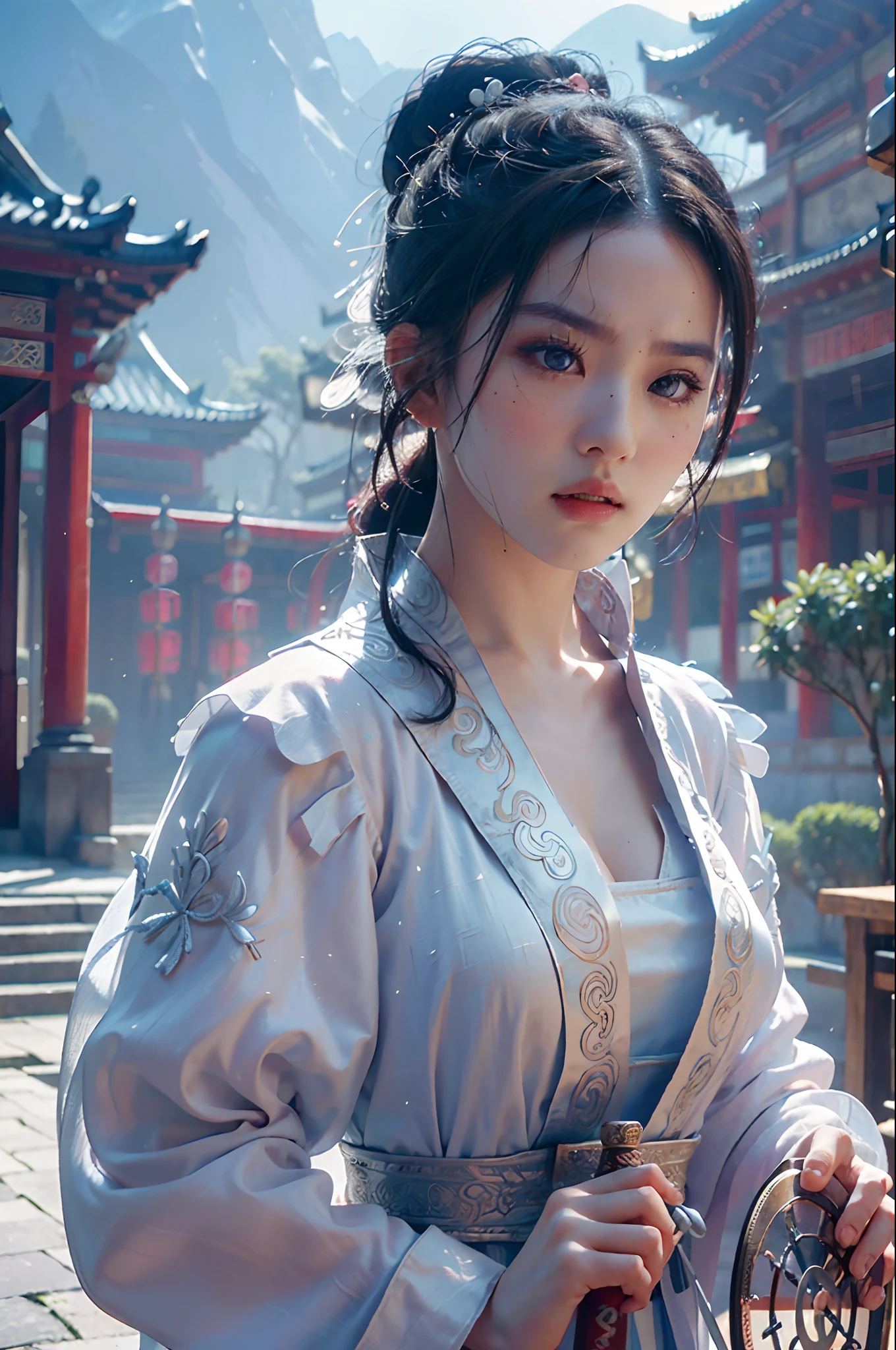 Best quality,masterpiece,ultra high res,(photorealistic:1.4),xiuxian,weapon,Detailed face,
1girl,solo,white hair,chignon,weapon,cleavage,(magic circle:1.2),xiuxian,upper body,Beautiful girl,east asian architecture,sheath,architecture,portrait,close-up face