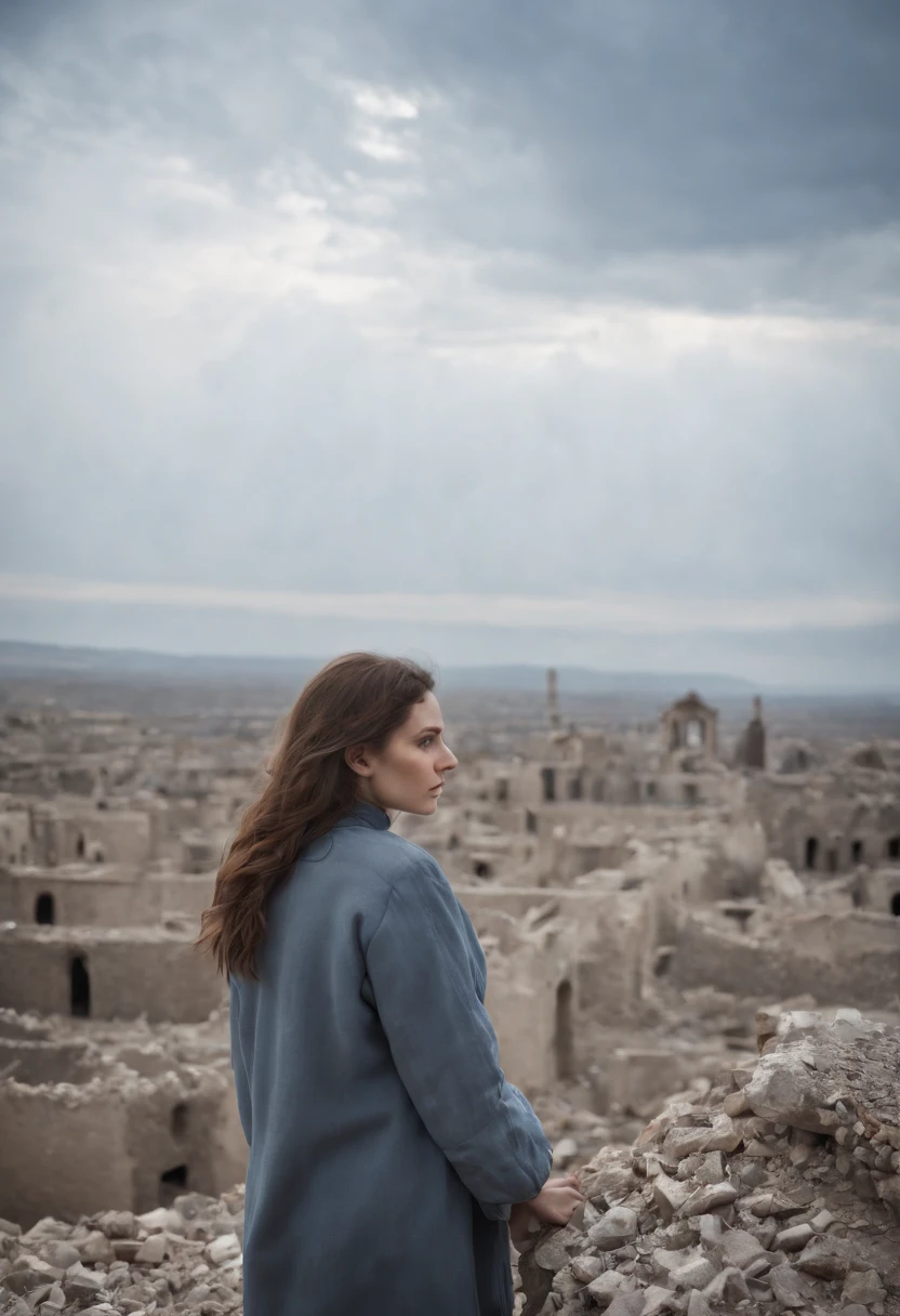 Gray sky, blue sky in the shape of a heart, the town is in ruins due to battle, the landscape is like a contrasting shining silver, a woman looks out over the wasteland