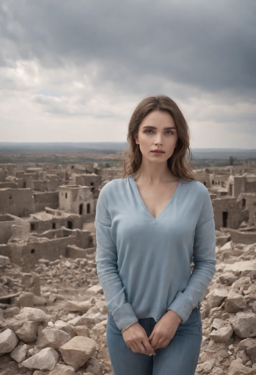 Gray sky, blue sky in the shape of a heart, the town is in ruins due to battle, the landscape is like a contrasting shining silver, a woman looks out over the wasteland