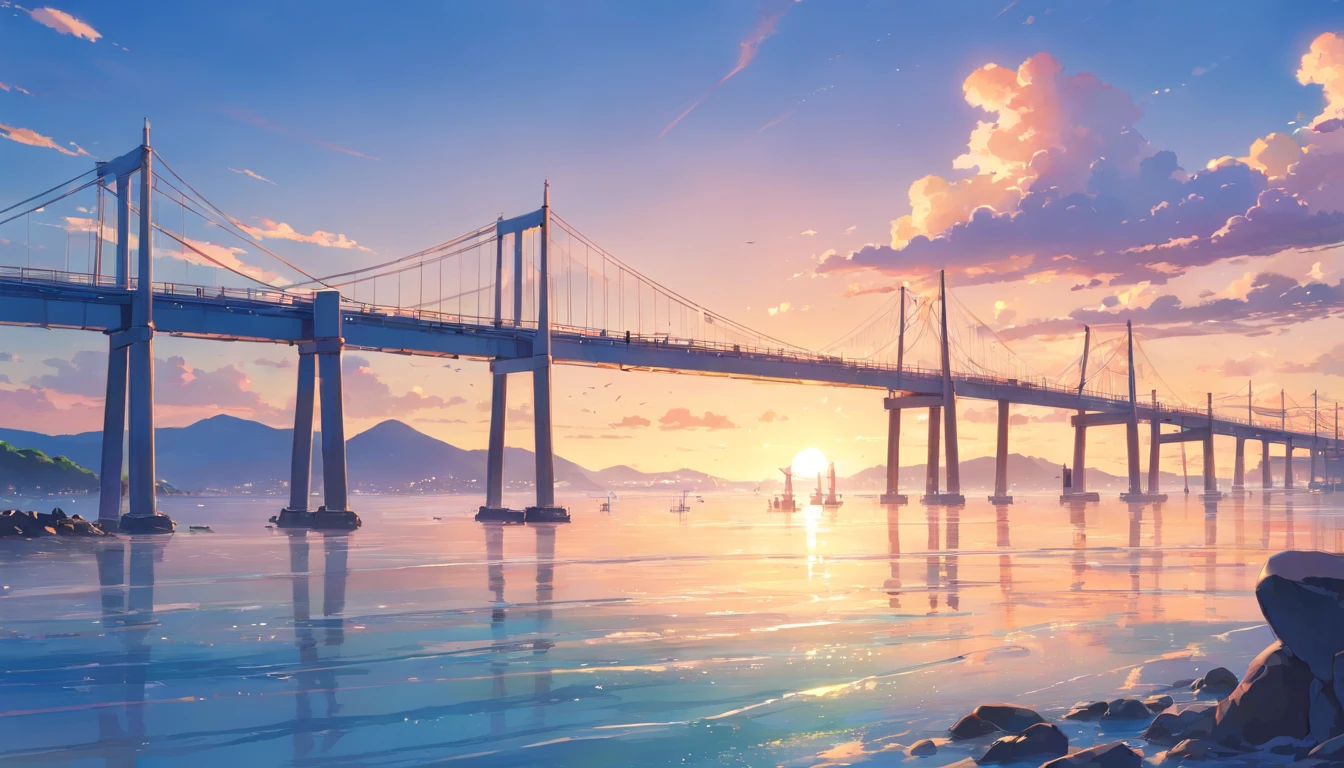 8K, best quality, masterpiece, scenery,Pier,Wharf, sea, seaside, power poles, long stone bridges extending into the sea, panoramic view, a jet plane flying over the sky leaving two white air marks. Blue sky, sunset, evening, reefs by the sea