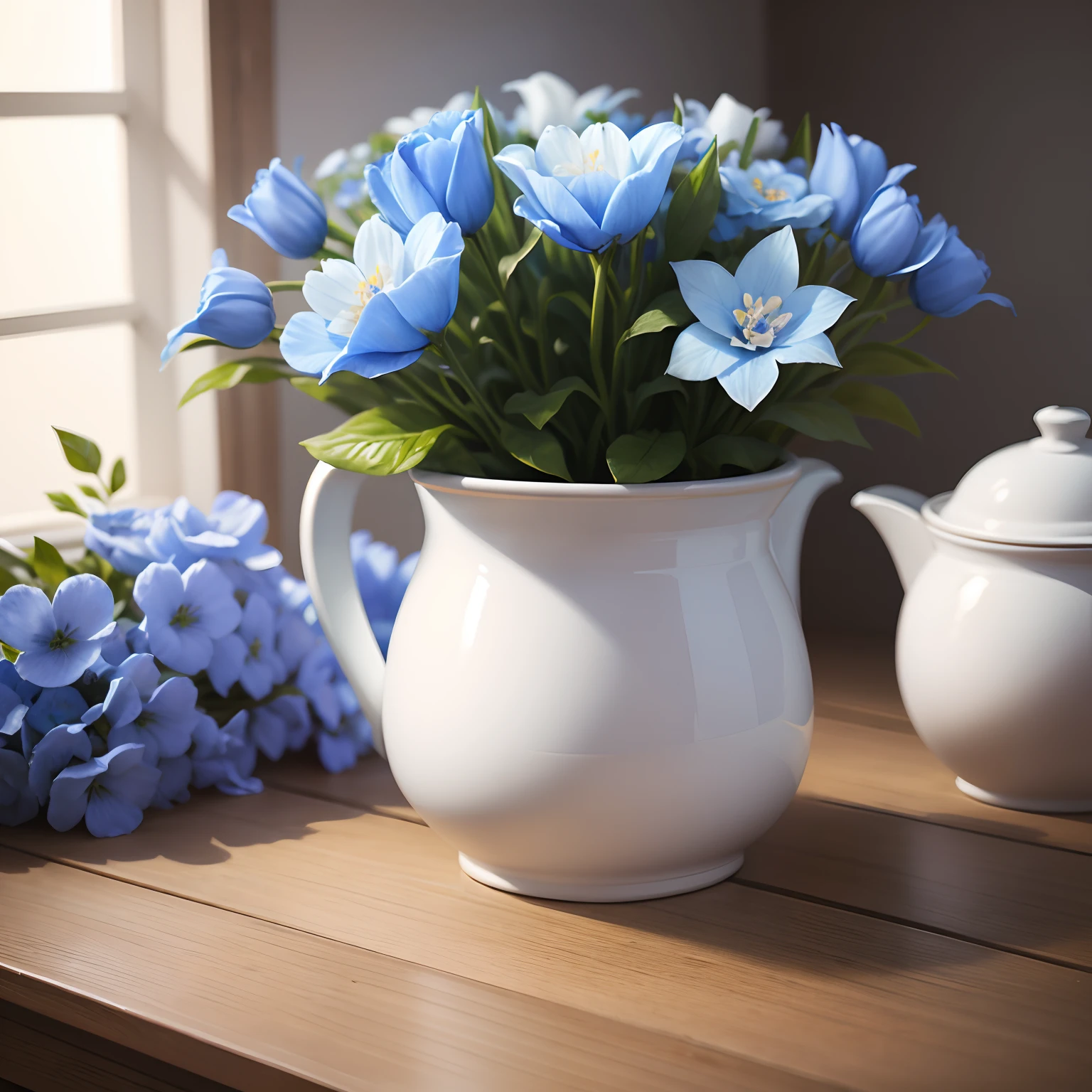 White pot, blue flowers, hyperrealistic, high quality, soft lighting