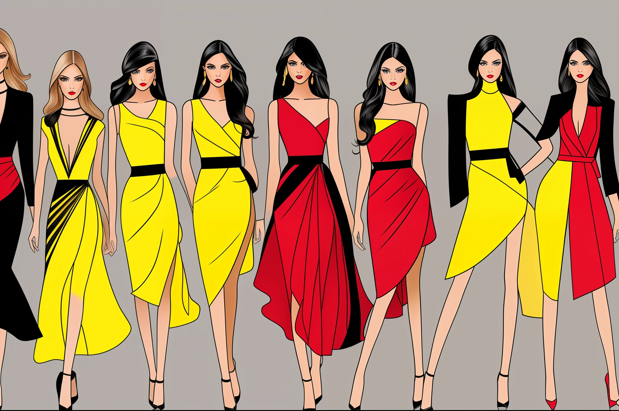 sketch of 4 fashion women model illustration on a single page with modern cutline short and long both dress of yellow black and red color where background of the models are ash color fashion runway