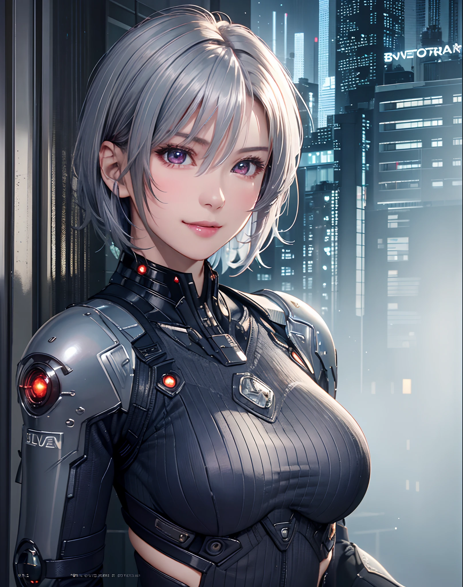 (8k, photorealistic, RAW photo, top quality: 1.4), (1girl), super beautiful, (realistic face), (boyish, silver-colored berry short hair), beautiful cyberpunk suit, glares seducing viewer, beautiful expression, beautiful breasts, (realistic skin), beautiful smile, (soldier), attractive, ultra high resolution, ultra realistic, high definition, spoiled