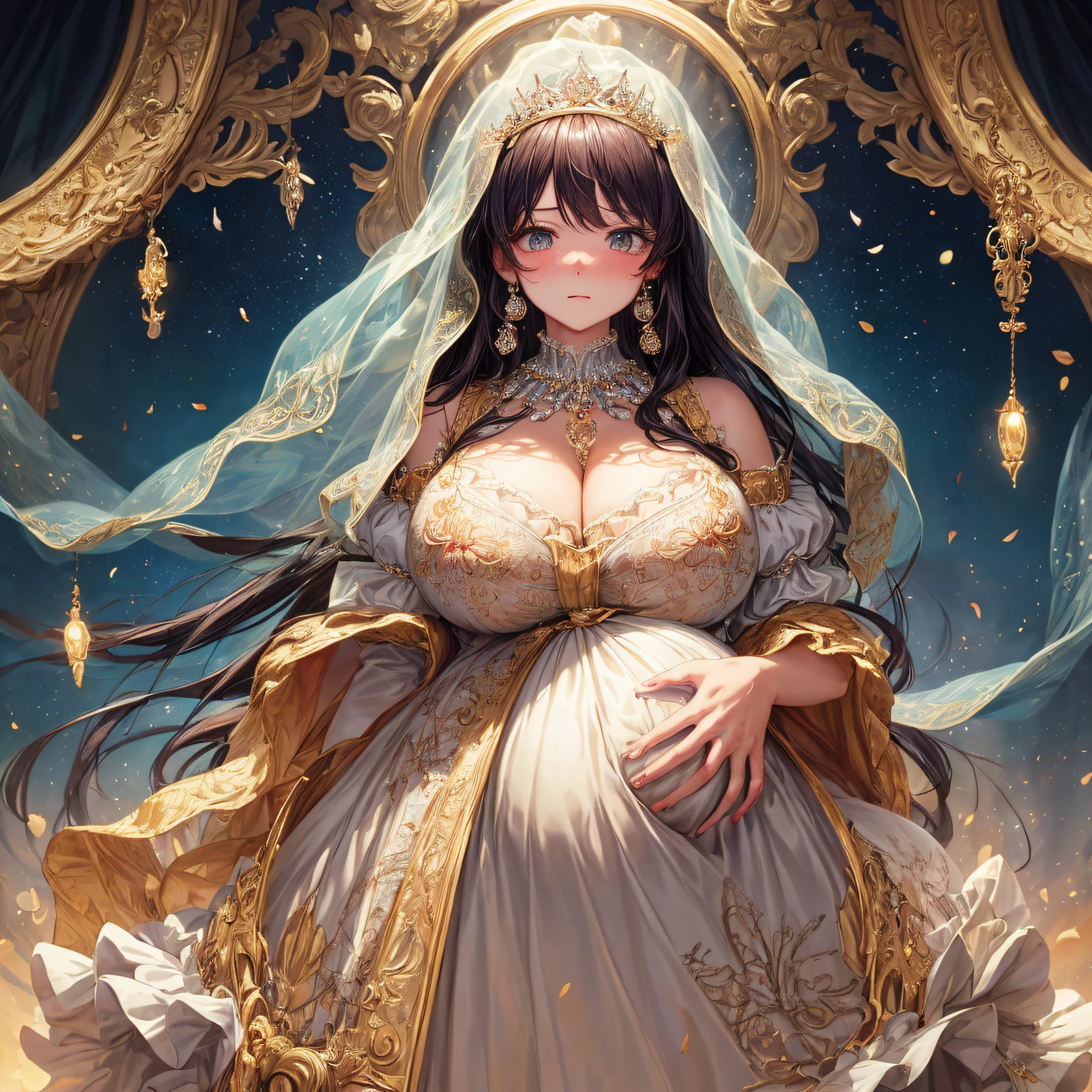 (masterpiece, best quality,extremely detailed:1.1),(moe anime art style:1.2),1girl,((full body,focus face)),((solo)), cute, kawaii,digital art,((1 bling-bling pregnant princess wearing beautiful embroidery and jeweled gorgeous rococo ballgown with jeweled voluminous full length hoop skirt)),(((heavily pregnant))),very big pregnant belly,((crinoline)),long train,voluminous frills,See-through,(gorgeous embroidery and beautiful lace),((very gigantic boobs,skindentation)),cleavage,shiny hair,(((very long hair,very long straight hair))),((embarrassed)),anguish,((finely detailed face and eyes)),clear pupil,extremely gorgeousfull hair ornament,(bling-bling jeweled extremely gorgeousfull tiara),(bling-bling gorgeous gemstone jewelry),long veil,beautiful background,fantasy background,flowers,flower petals flowing,full body,((beautiful embroidery and jeweled ruffled gorgeous rococo ballgown with voluminous full length hoop skirt))