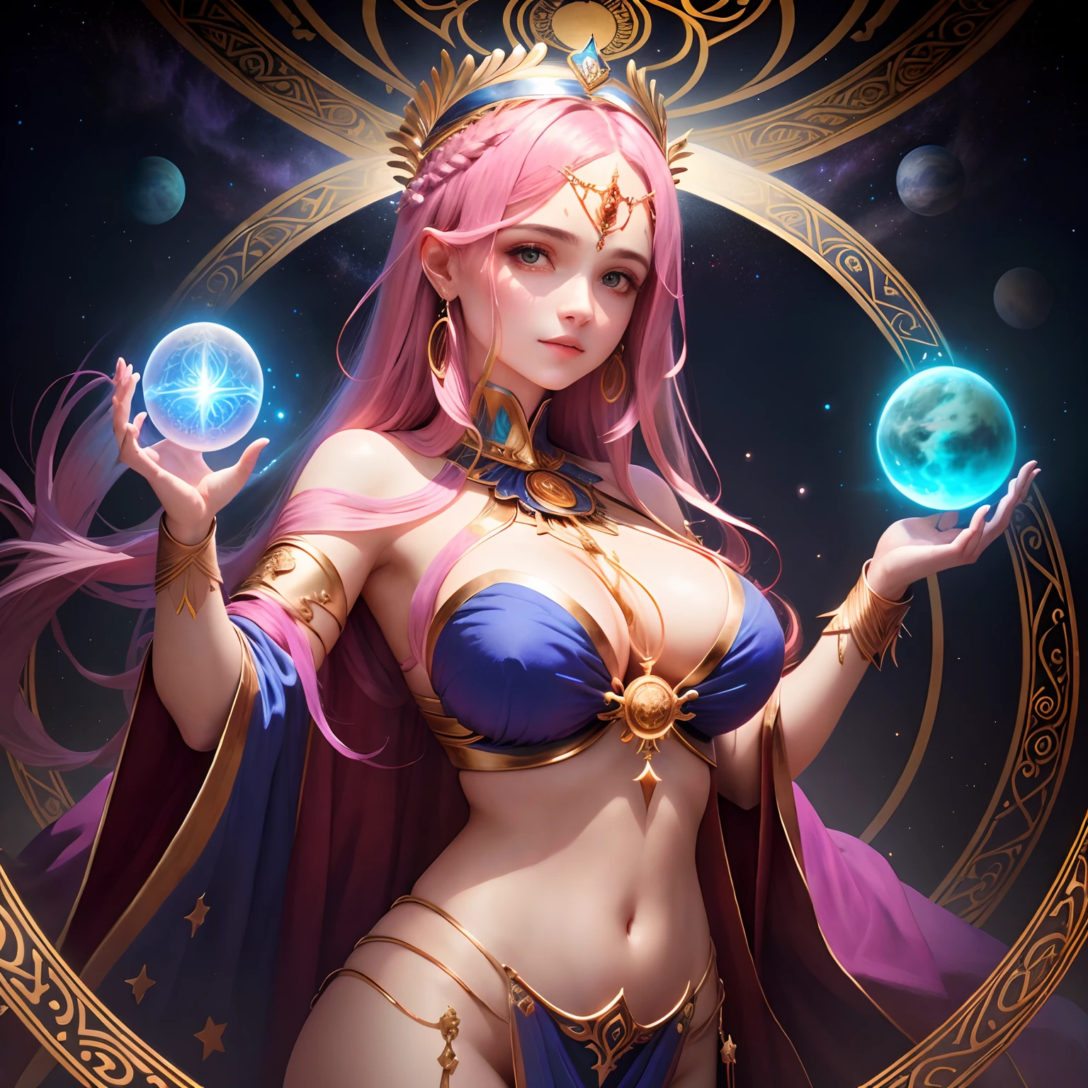 [Uma mulher] [Maga conjuring magic circles] [a goddess holding planets in her hand] [corpo inteiro] [alta qualidade] [colorido] [livro] [universo] [magic symbols] [magia]