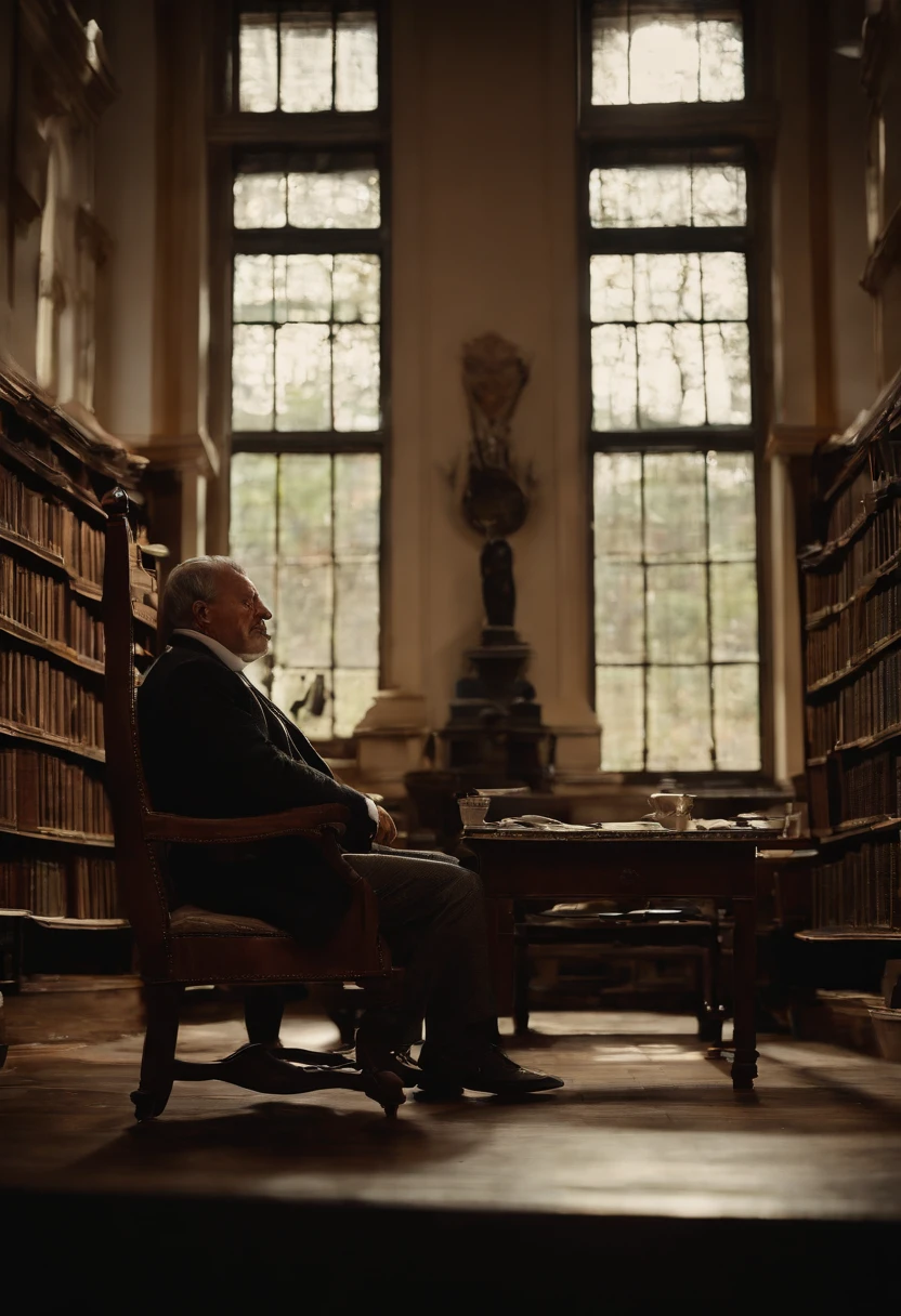 Warm seated man presenting a story in a library, l'homme nous regarde droit dans les yeux
