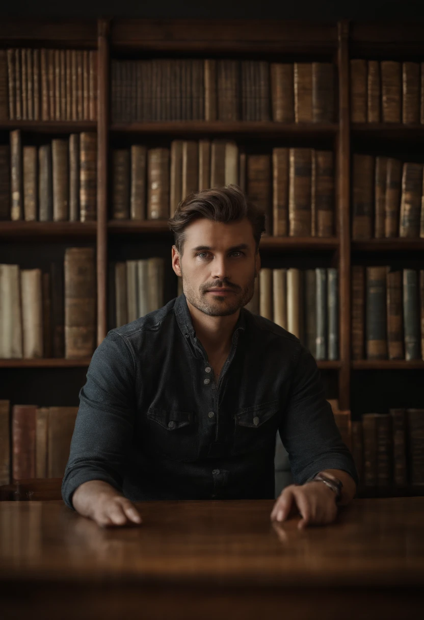 Warm seated man presenting a story in a library, l'homme nous regarde droit dans les yeux