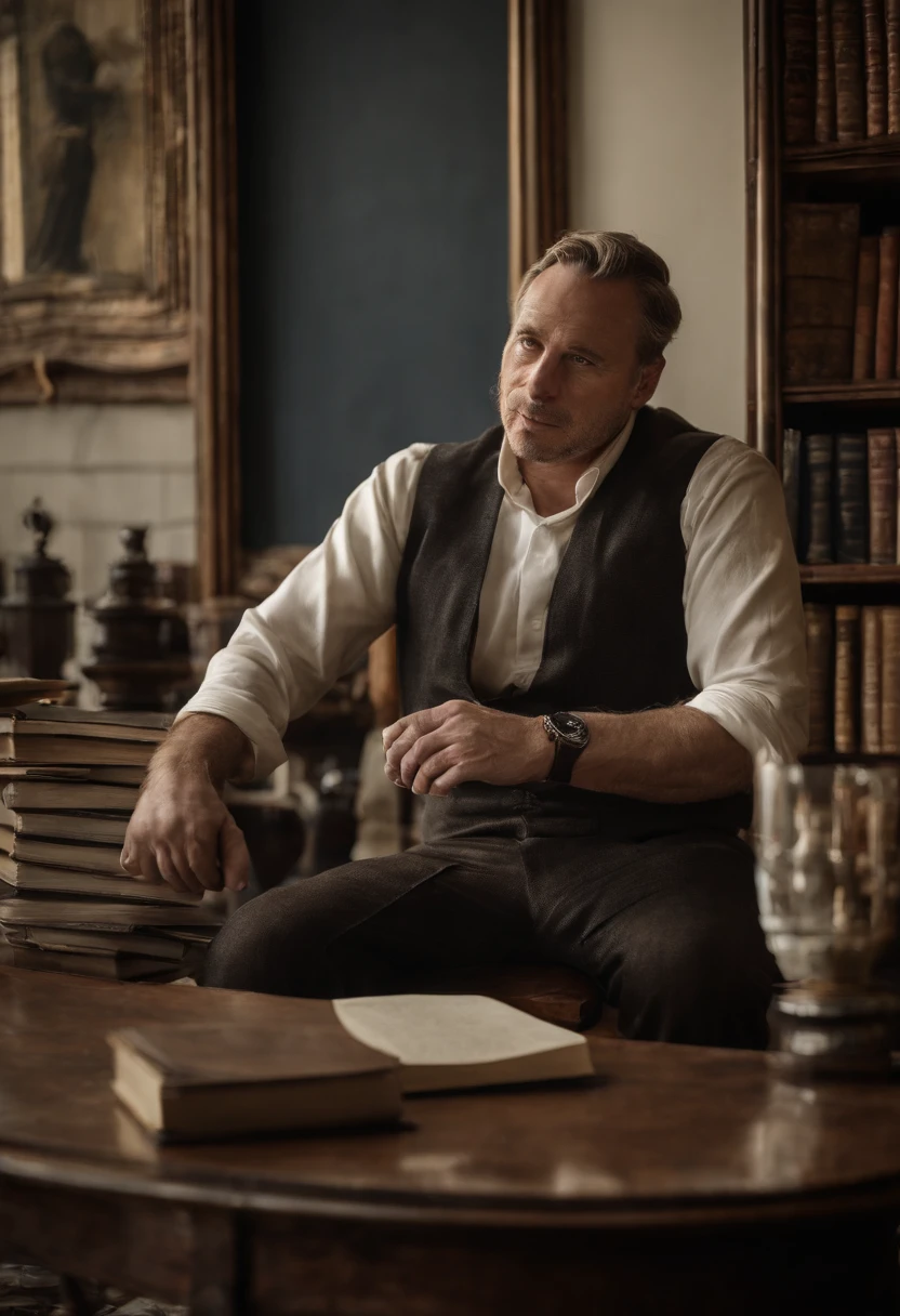 Warm seated man presenting a story in a library, l'homme nous regarde droit dans les yeux
