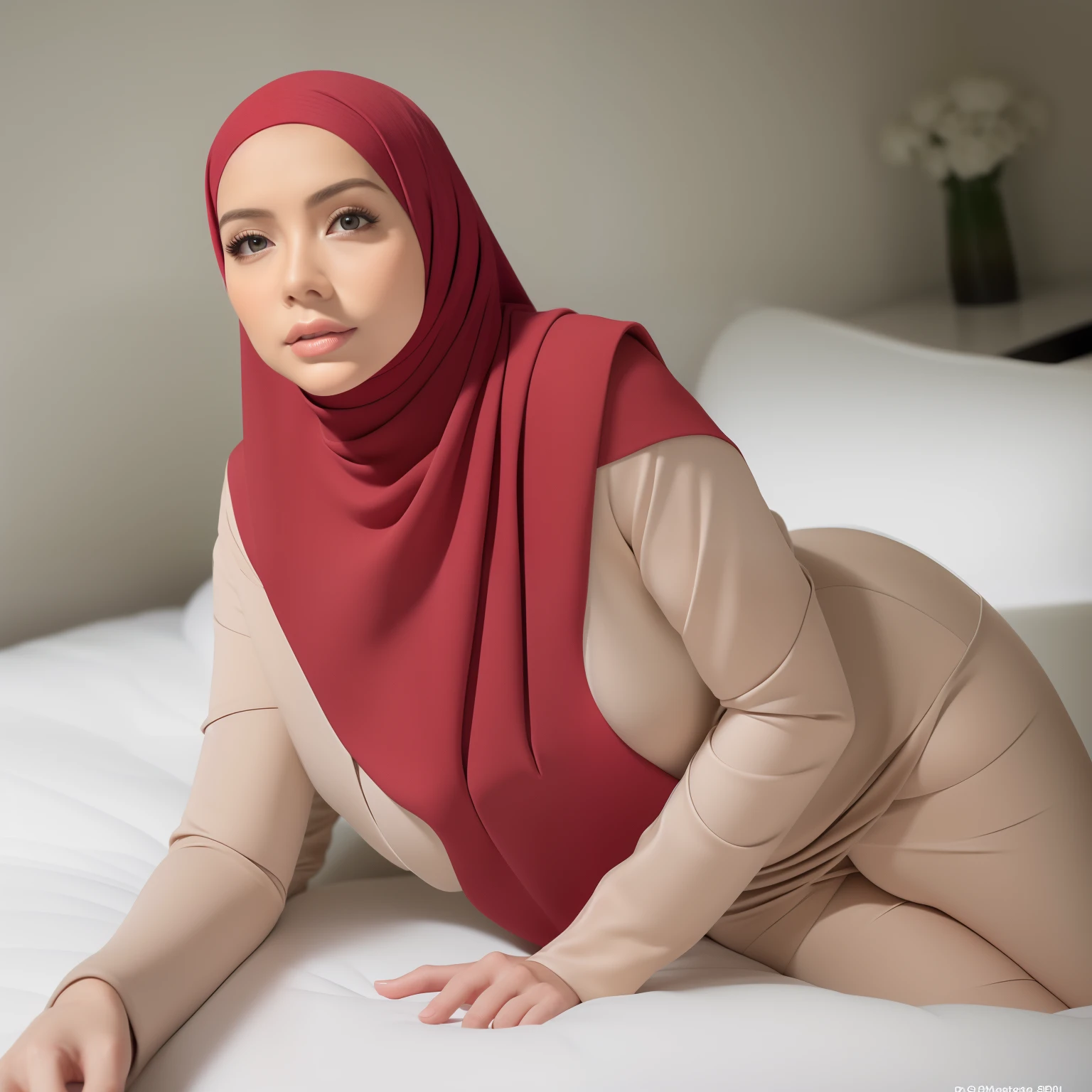 (best quality,4k,8k,highres,masterpiece:1.2),ultra-detailed,(realistic,photorealistic,photo-realistic:1.37),busty white skin hijabis milf,attractive pose,sexy pose on bed,doggystyle position(bends over,crouches on all fours),perfect body shape,slim waist,wearing tight clothes,huge size boobs,thick ass,full body view,soft lighting,portrait,colorful,color grading