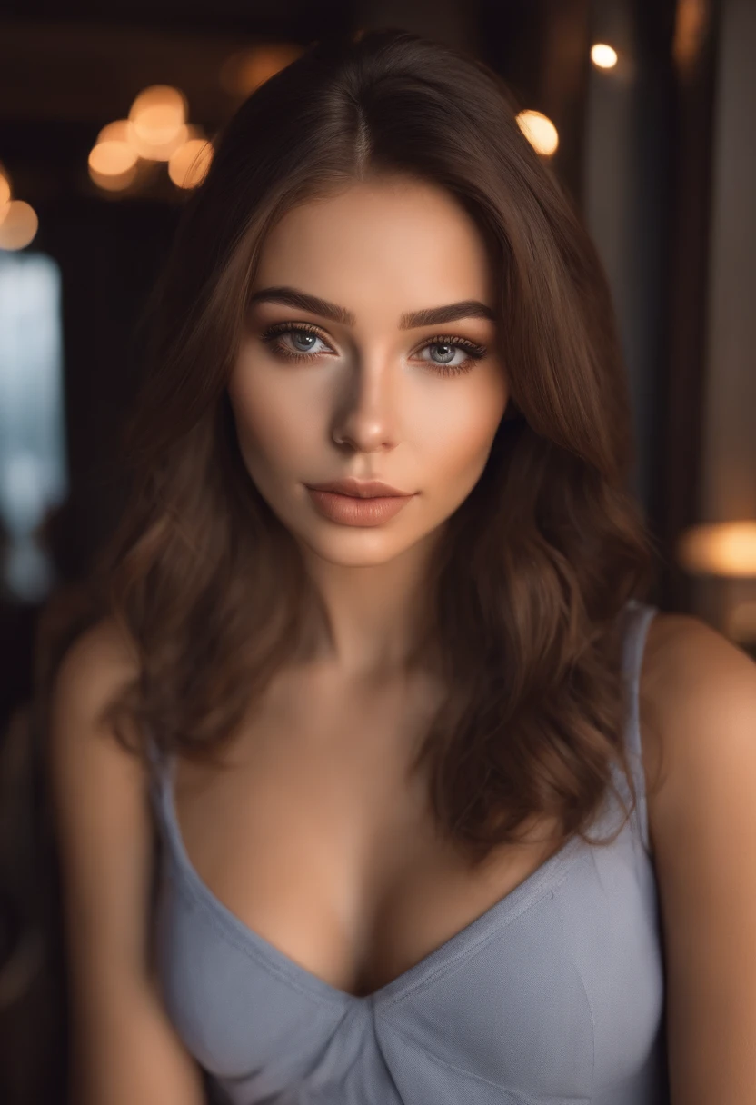 arafed woman topless, sexy girl with brown eyes, portrait sophie mudd, brown hair and large eyes, selfie of a young woman, bedroom eyes, violet myers, without makeup, natural makeup, looking directly at the camera, face with artgram, subtle makeup, stunning full body shot, in a restaurant