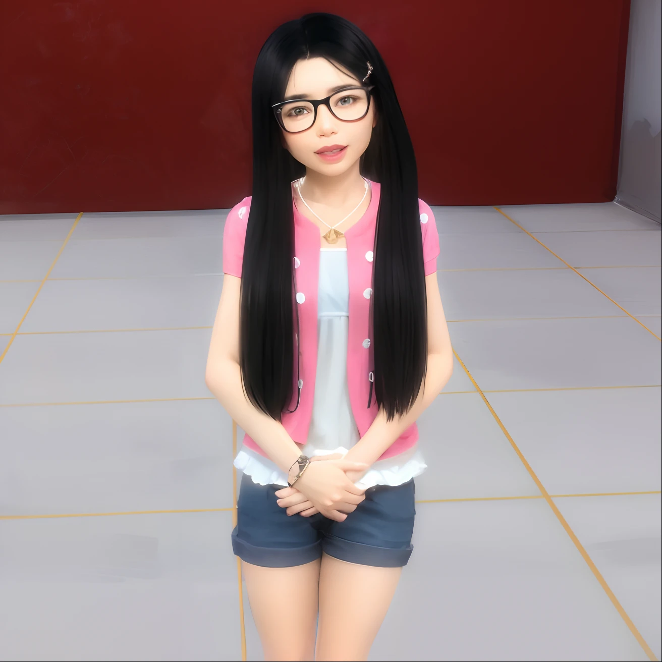 Girl with glasses and a pink vest standing in a room, inspirado em Sim Sa-jeong, adolescente hiperrealista, cabelo preto longo detalhado, inspirado por Kim Jeong-hui, inspirado em Ma Yuanyu, her black hair is a long curly, Pose casual, inspirado em Mei Qing, com cabelo preto liso, inspirado em Yukimasa Ida