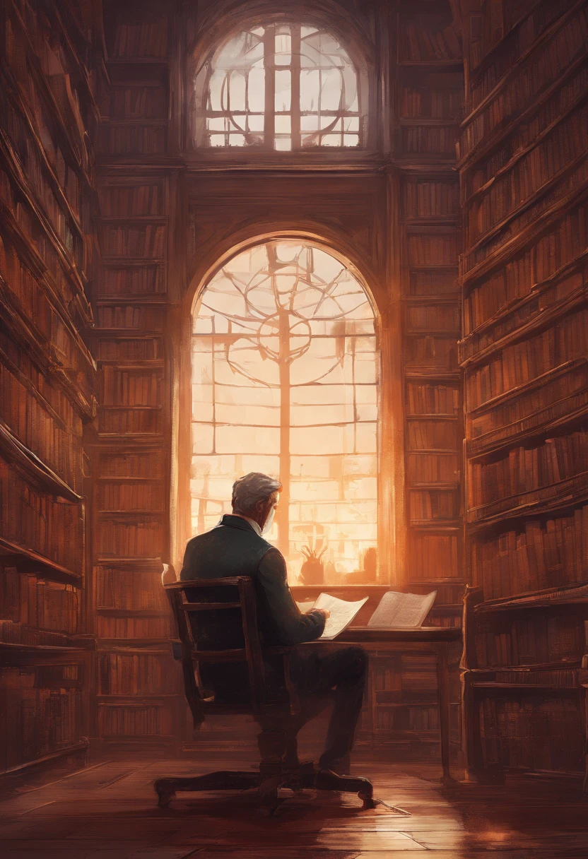 Warm seated man presenting a story in a library, l'homme nous regarde droit dans les yeux