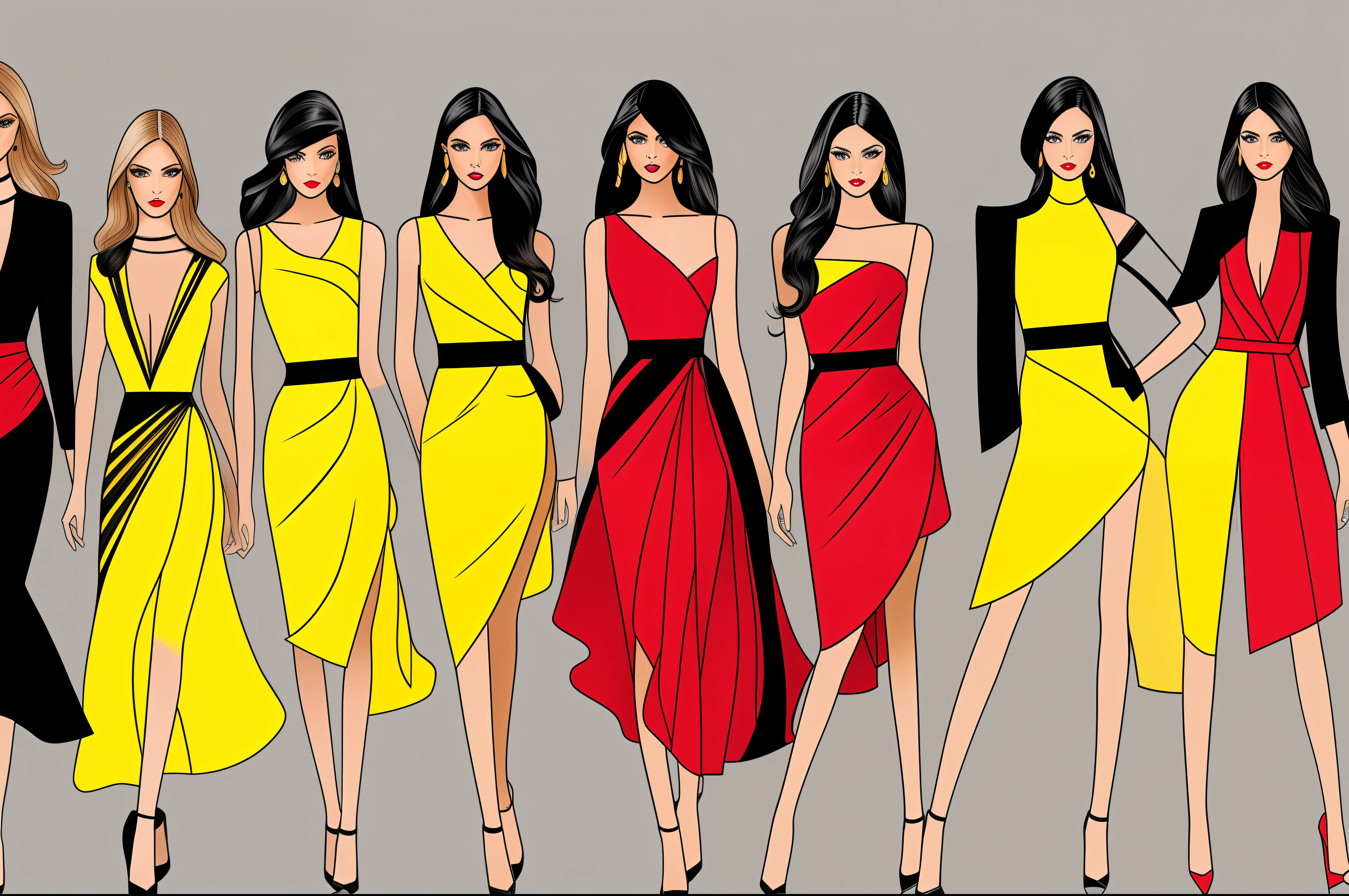 sketch of 4 fashion women model illustration on a single page with modern cutline short and long both dress of yellow black and red color where background of the models are ash color fashion runway